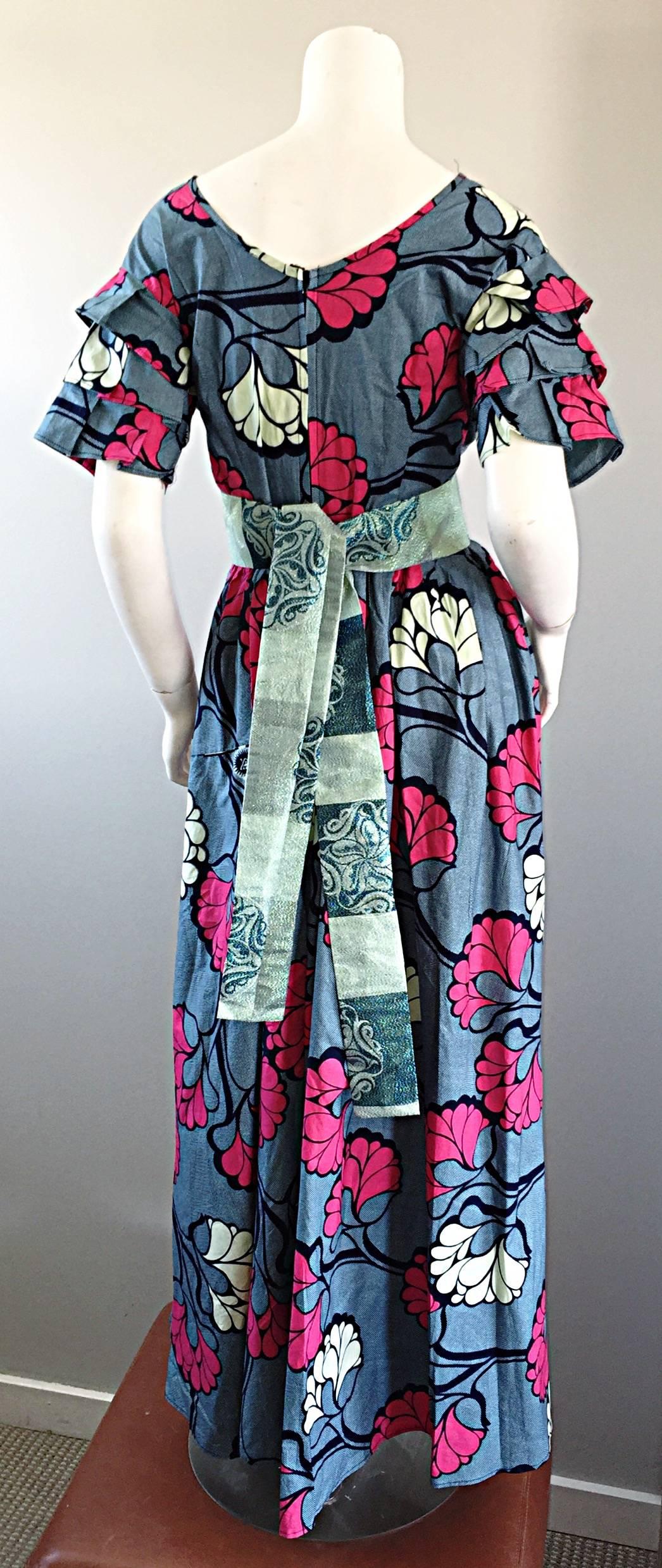 Chic 1970s Vintage Blue and Pink Cotton + Silk Brocade Belted 70s Maxi Dress  For Sale 1