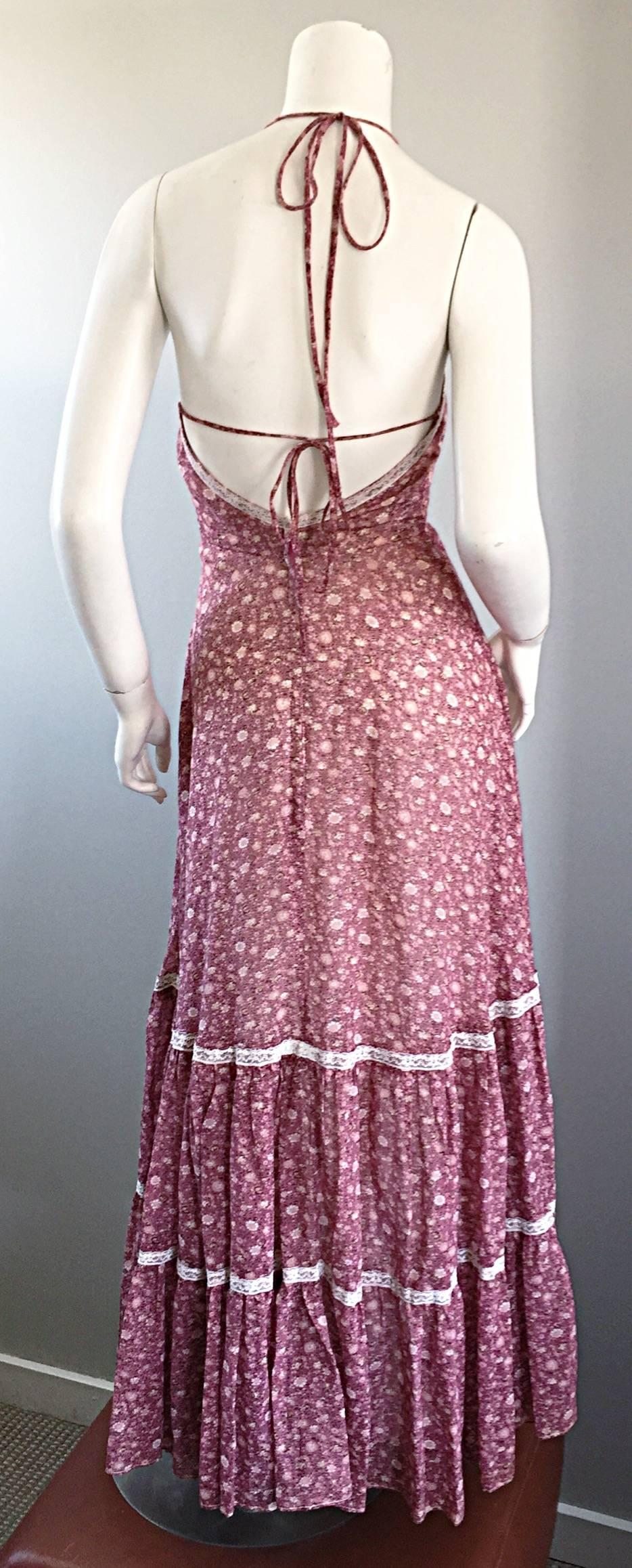 Vintage Boho 1970s Cotton Voile Raspberry Pink and Ivory Lace Halter Maxi Dress In Excellent Condition In San Diego, CA