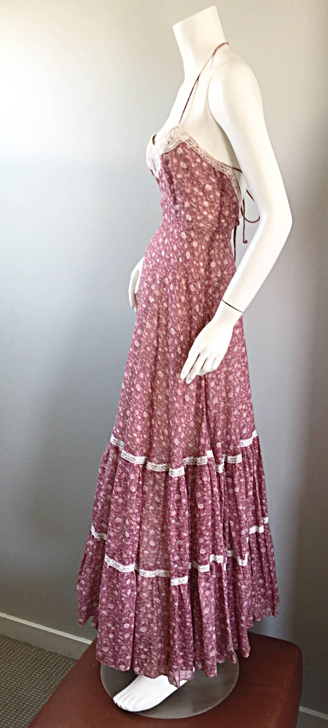 Vintage Boho 1970s Cotton Voile Raspberry Pink and Ivory Lace Halter Maxi Dress 2