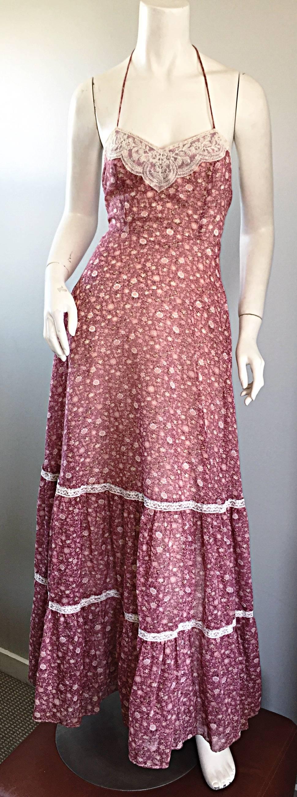 Vintage Boho 1970s Cotton Voile Raspberry Pink and Ivory Lace Halter Maxi Dress 4