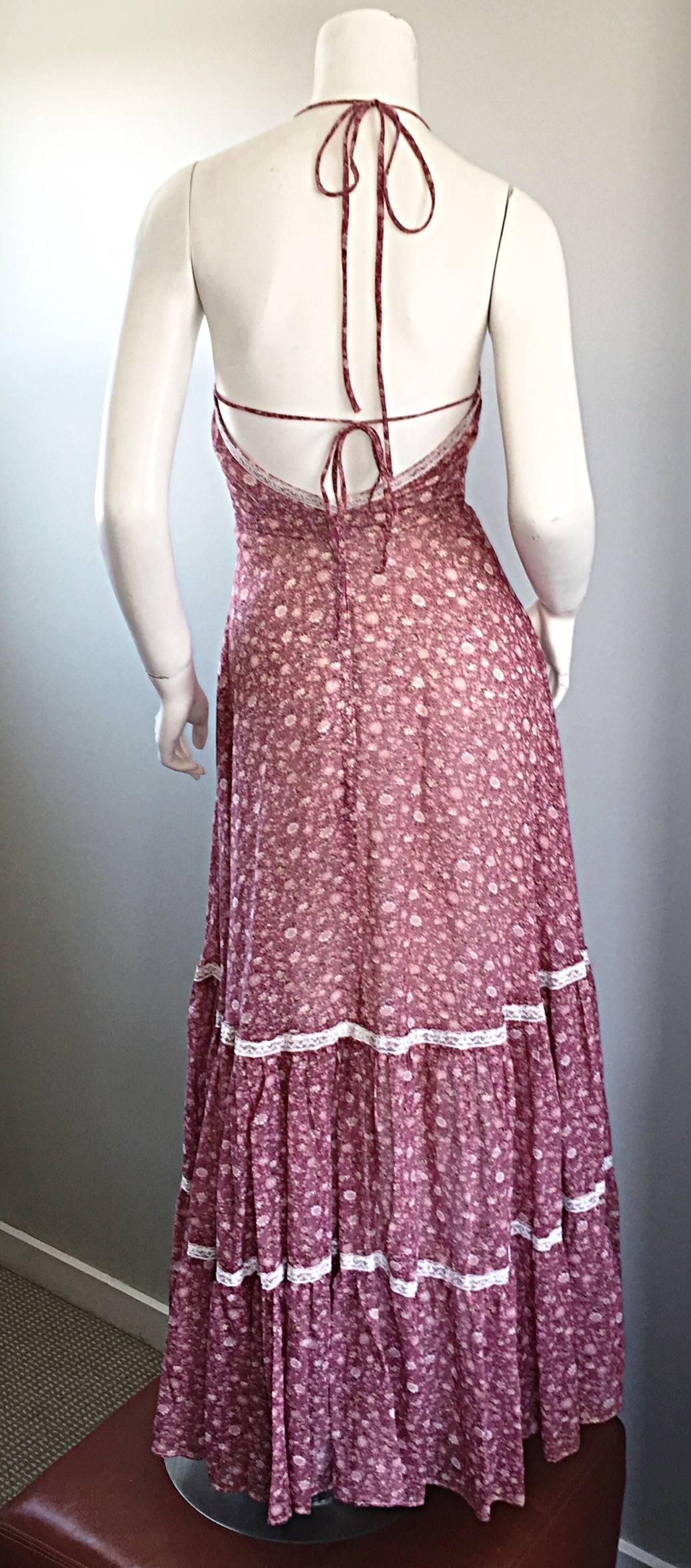 Vintage Boho 1970s Cotton Voile Raspberry Pink and Ivory Lace Halter Maxi Dress 3