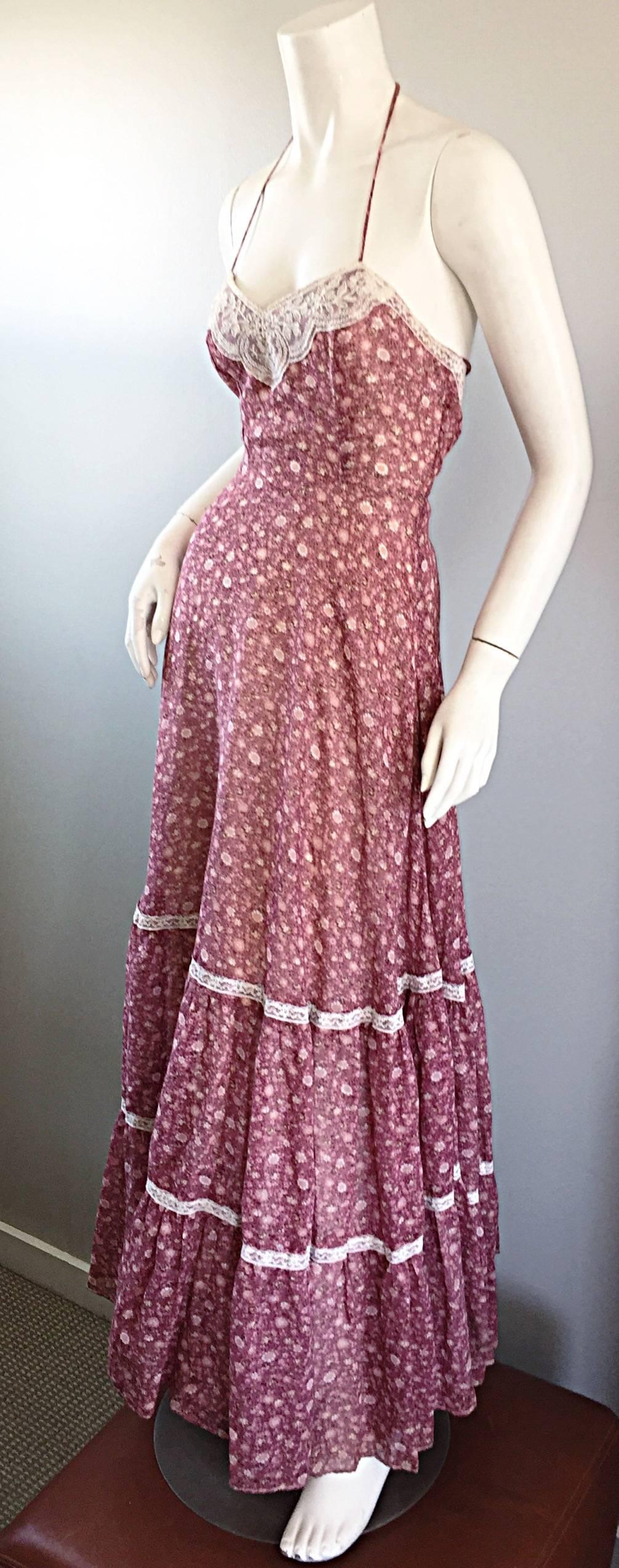 Women's Vintage Boho 1970s Cotton Voile Raspberry Pink and Ivory Lace Halter Maxi Dress