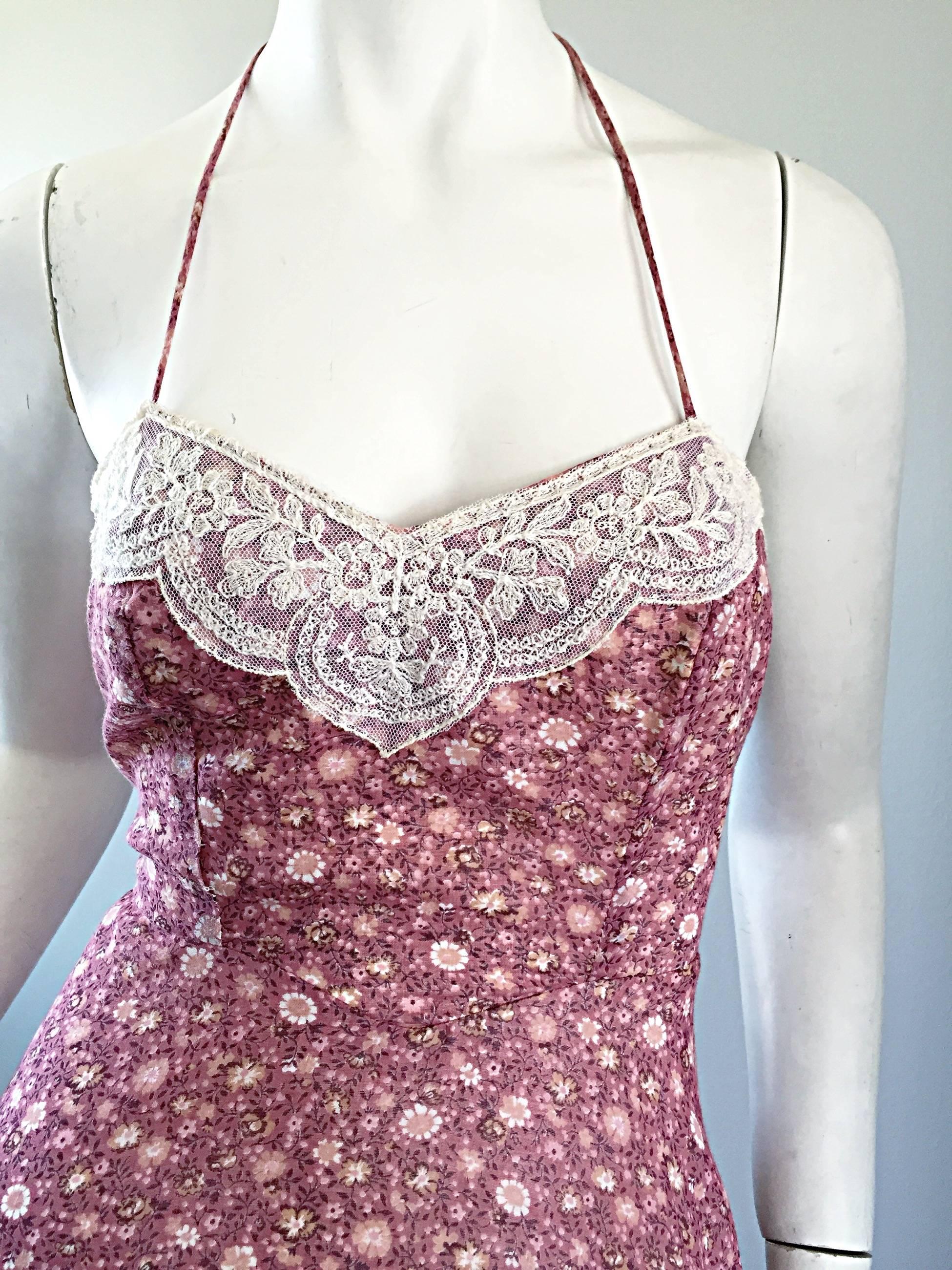 Vintage Boho 1970s Cotton Voile Raspberry Pink and Ivory Lace Halter Maxi Dress 1