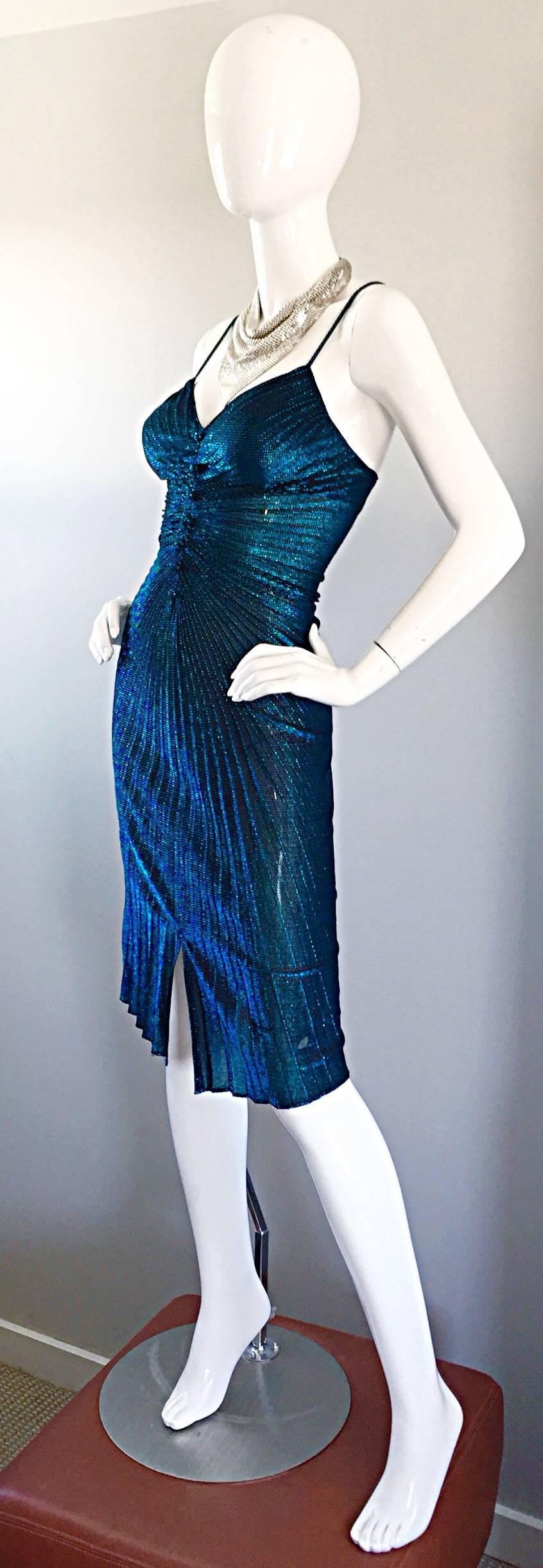 SAMIR Vintage Blue Metallic 1970s Pleated 70s Disco Slinky Sexy Dress Size XS S In Excellent Condition In San Diego, CA
