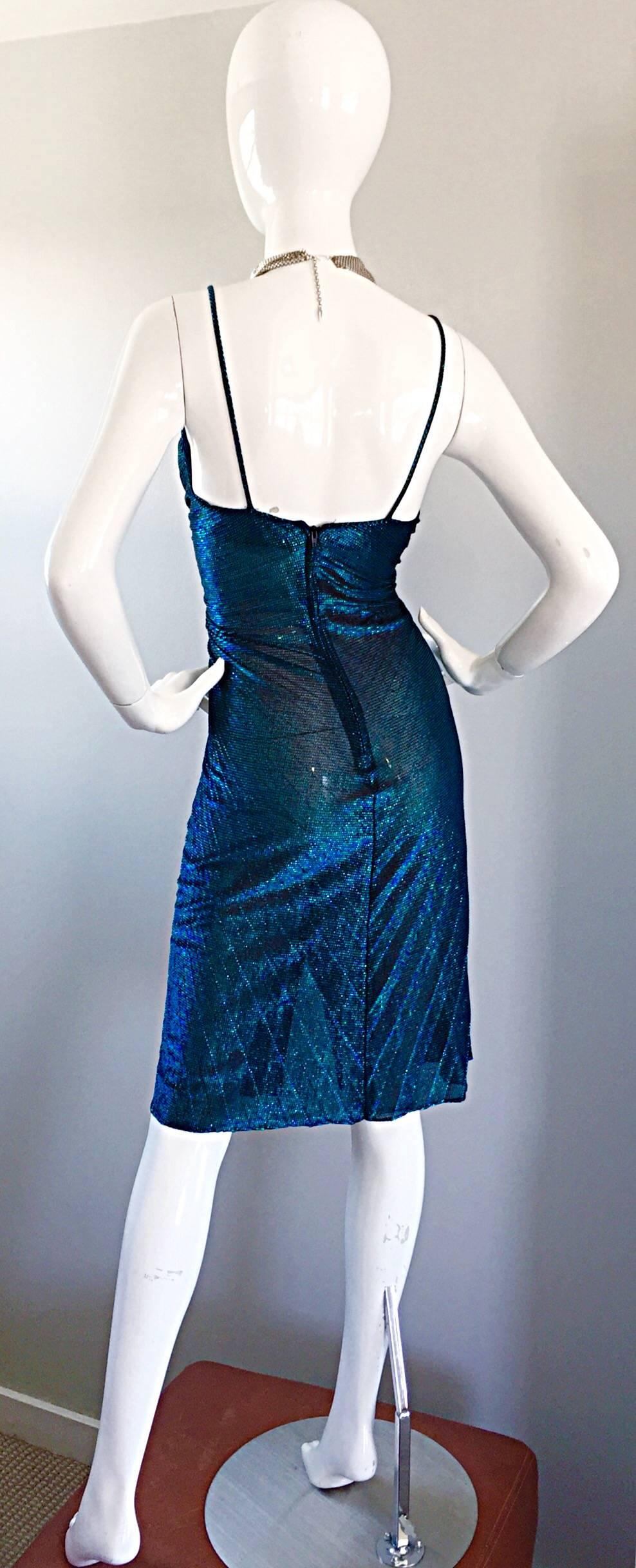 Women's SAMIR Vintage Blue Metallic 1970s Pleated 70s Disco Slinky Sexy Dress Size XS S