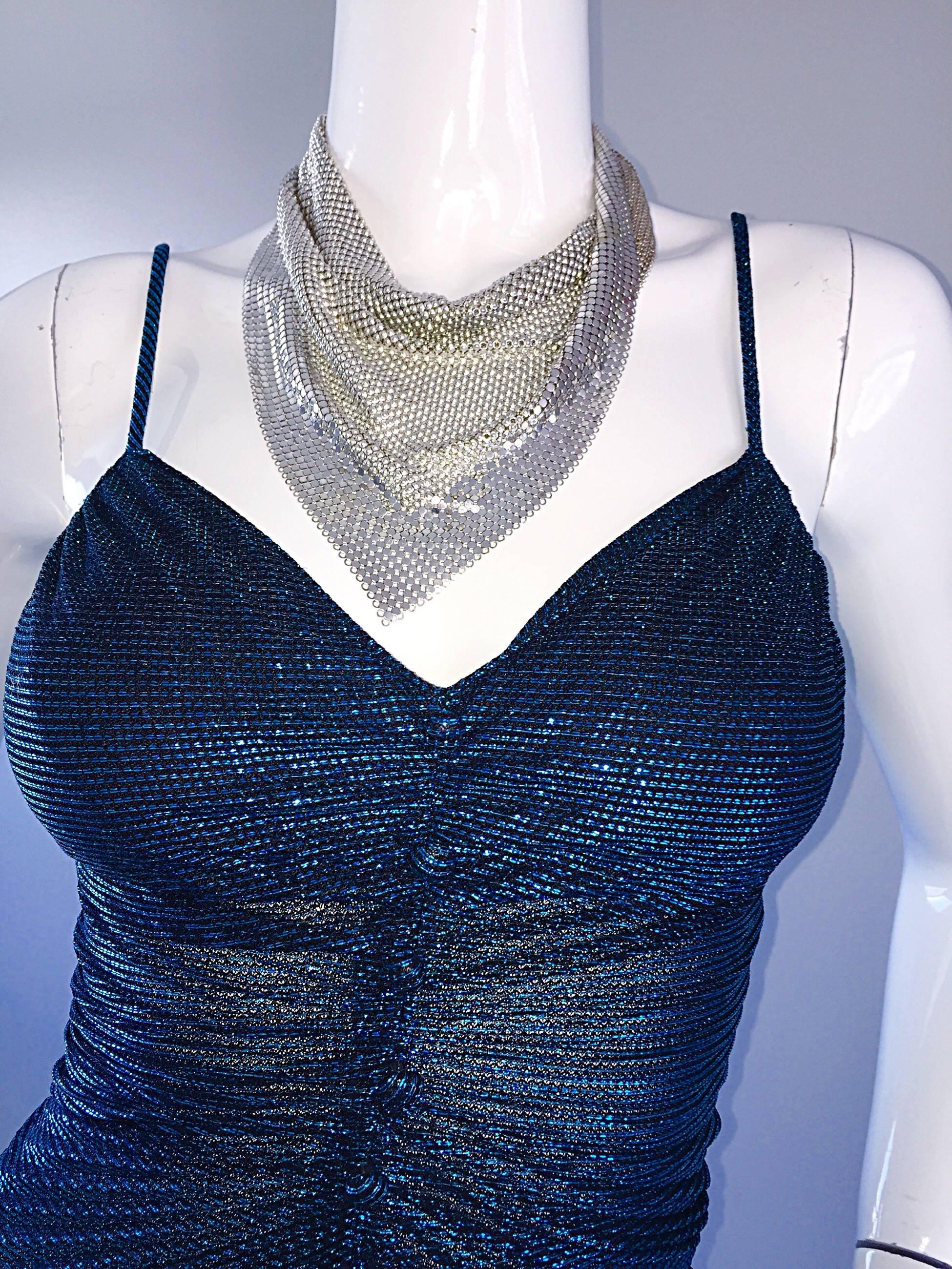 SAMIR Vintage Blue Metallic 1970s Pleated 70s Disco Slinky Sexy Dress Size XS S 1