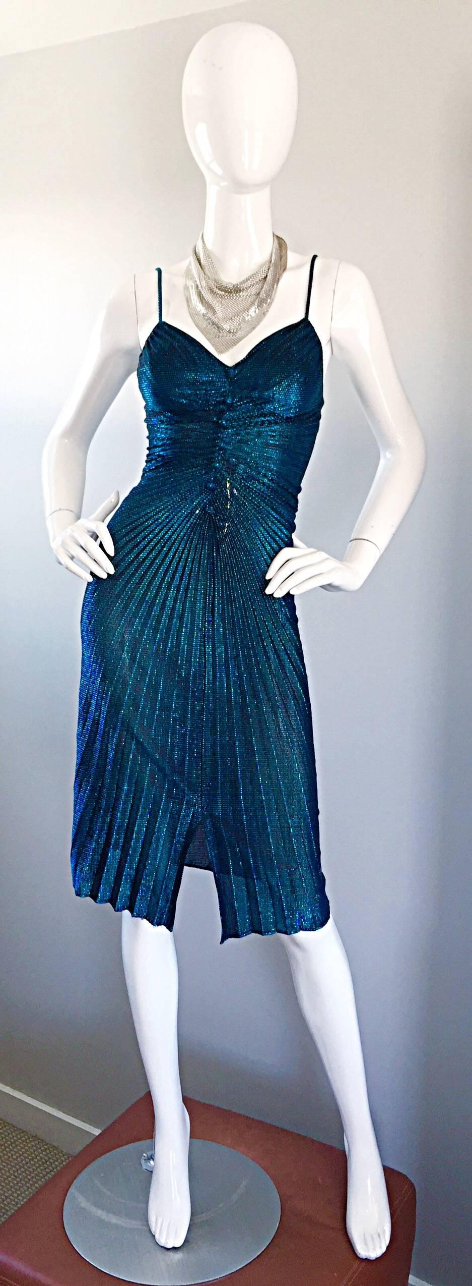 SAMIR Vintage Blue Metallic 1970s Pleated 70s Disco Slinky Sexy Dress Size XS S 2