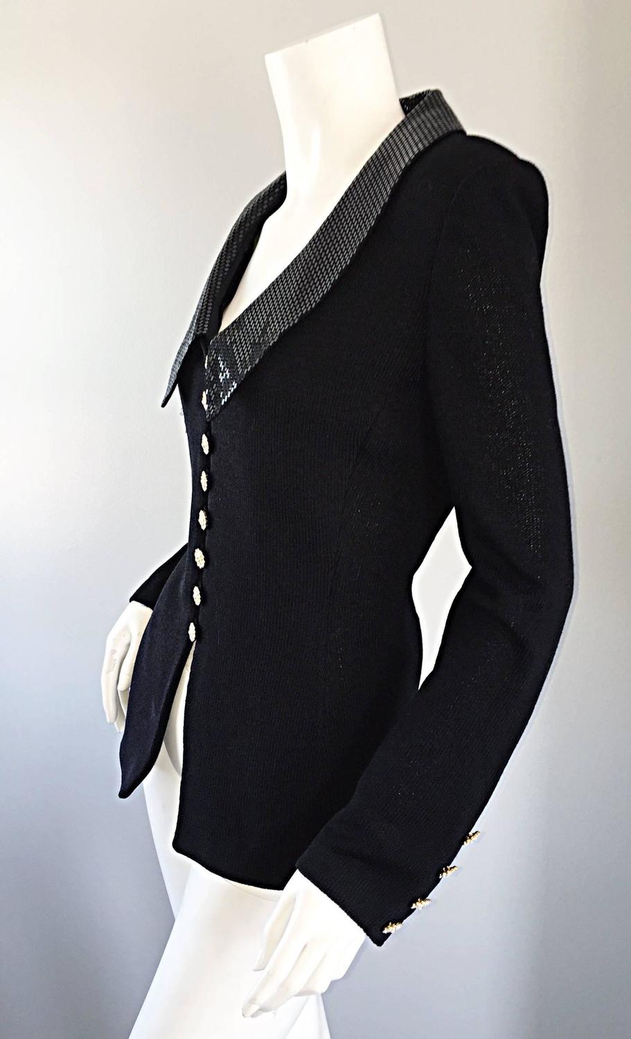 VINTAGE St John Black Evening Knit Sweater Jacket Cardigan w/ Removable Collar 6 For Sale at 1stdibs