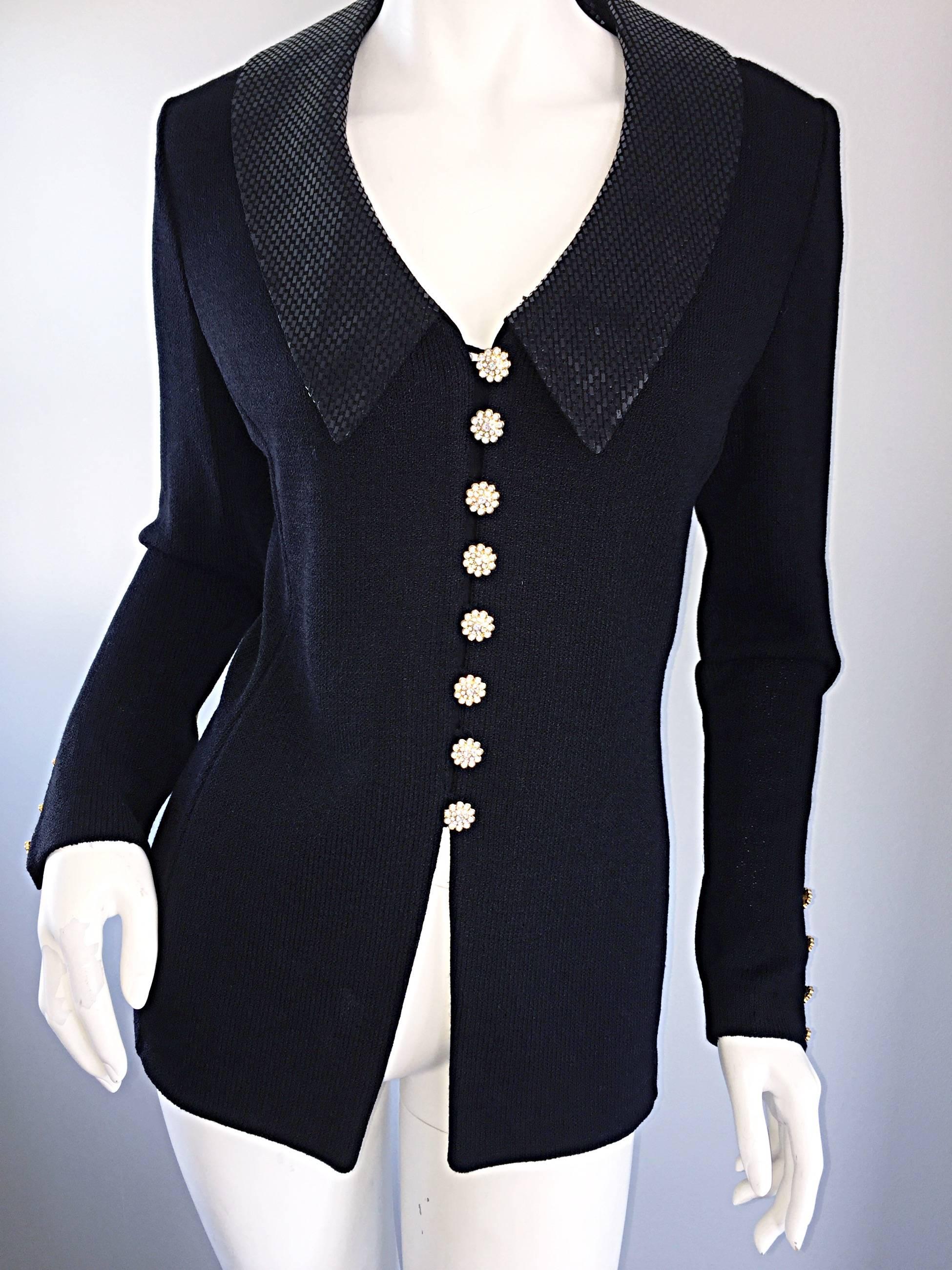 VINTAGE St John Black Evening Knit Sweater Jacket Cardigan w/ Removable Collar 6 2