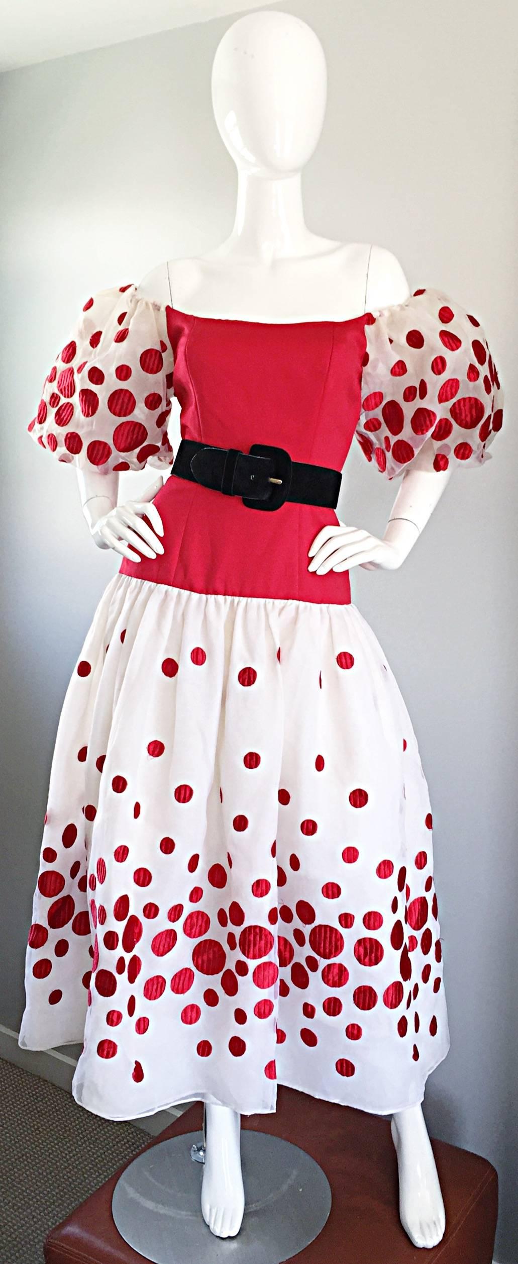 Victor Costa Vintage rot und weiß Polka Dot Ballon Ärmel Chiffon Kleid Größe 6 im Zustand „Hervorragend“ im Angebot in San Diego, CA