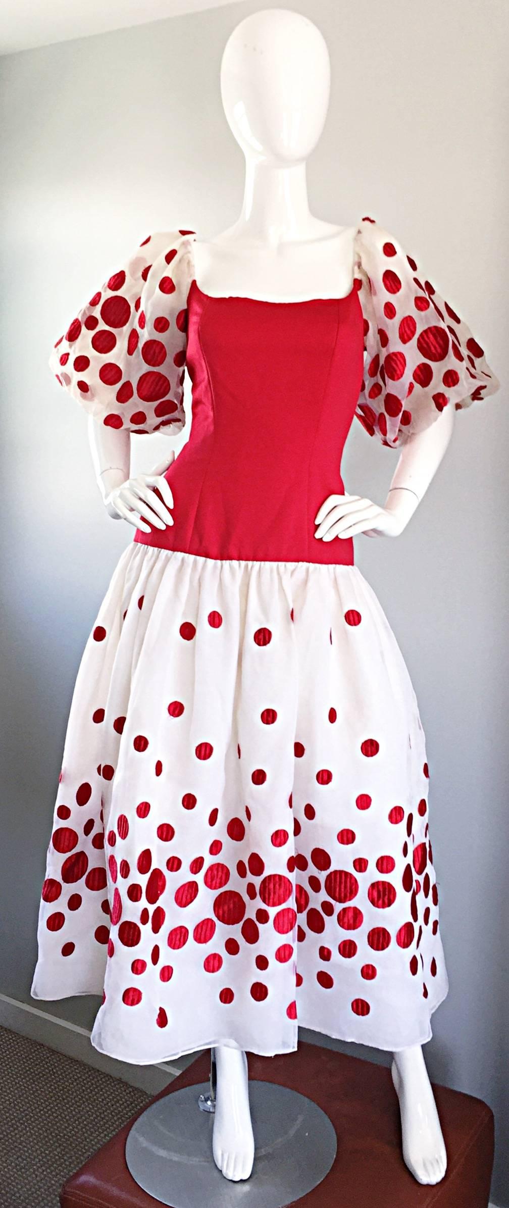 Victor Costa Vintage Red and White Polka Dot Balloon Sleeve Chiffon Dress Size 6 For Sale 1