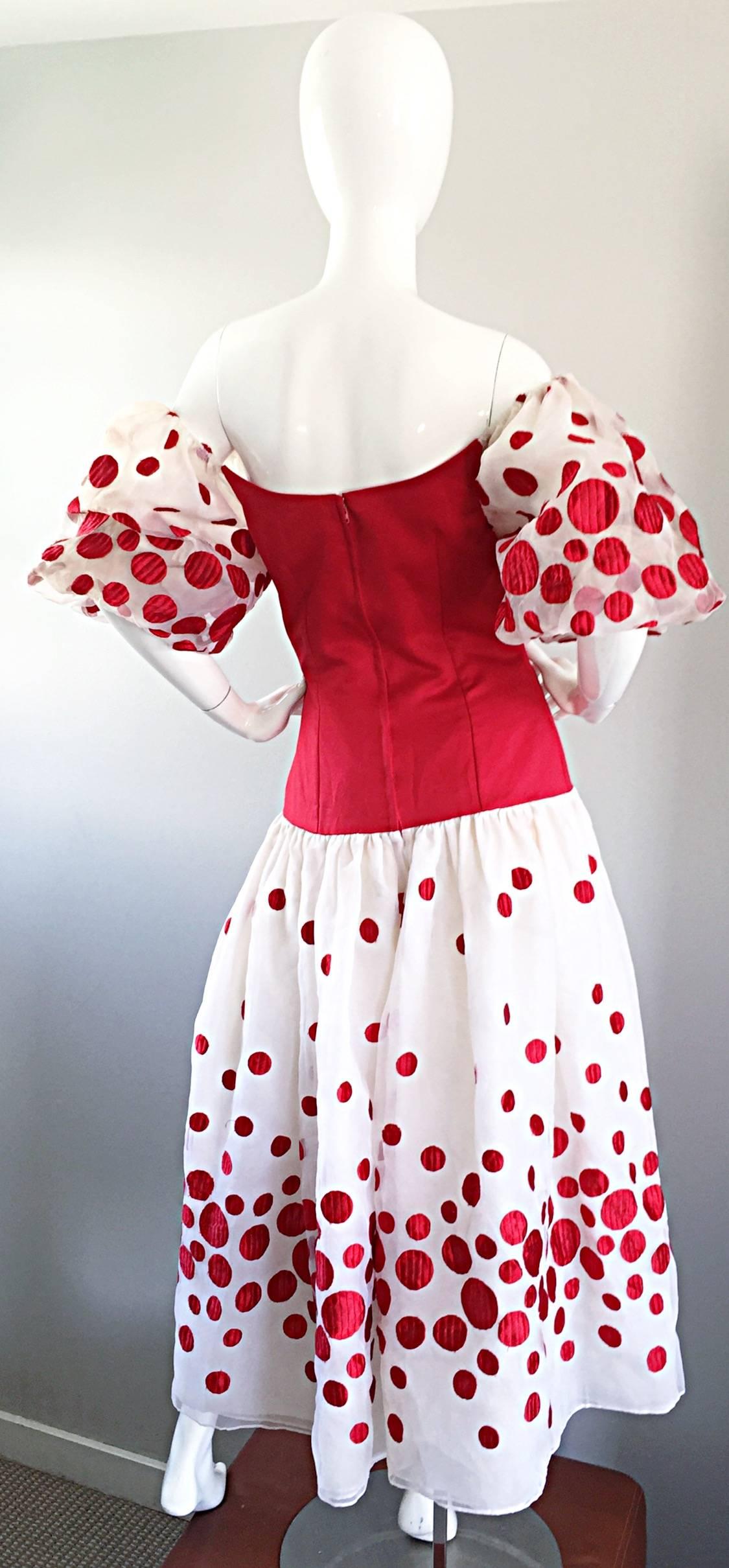 Gray Victor Costa Vintage Red and White Polka Dot Balloon Sleeve Chiffon Dress Size 6 For Sale