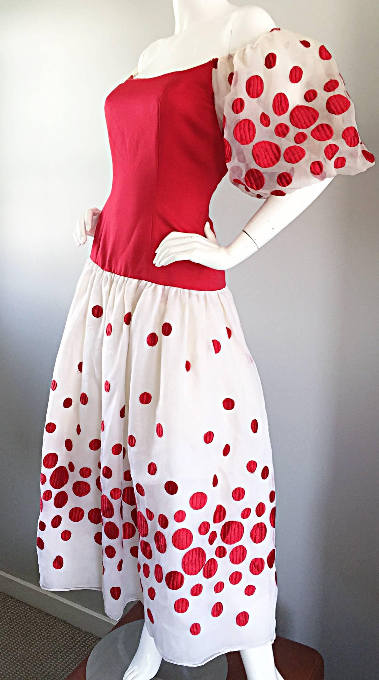 Victor Costa Vintage rot und weiß Polka Dot Ballon Ärmel Chiffon Kleid Größe 6 Damen im Angebot