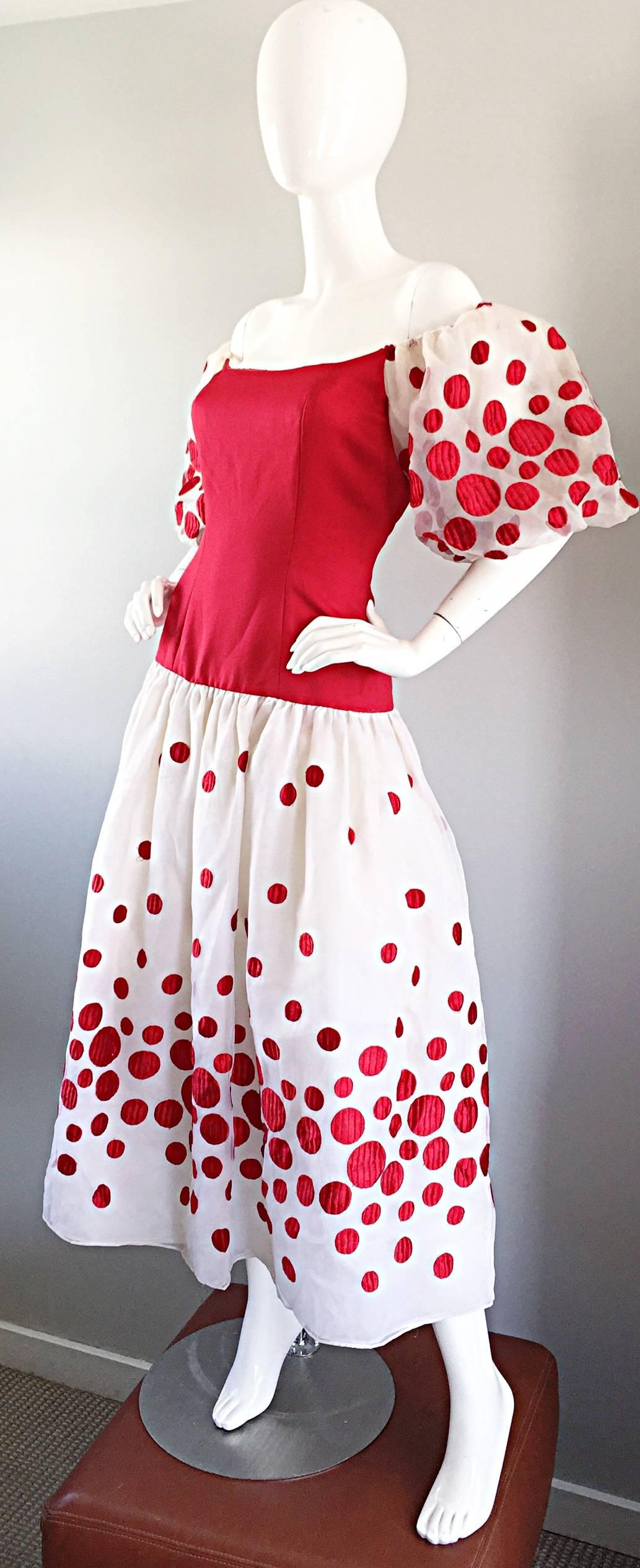 Victor Costa Vintage Red and White Polka Dot Balloon Sleeve Chiffon Dress Size 6 In Excellent Condition For Sale In San Diego, CA