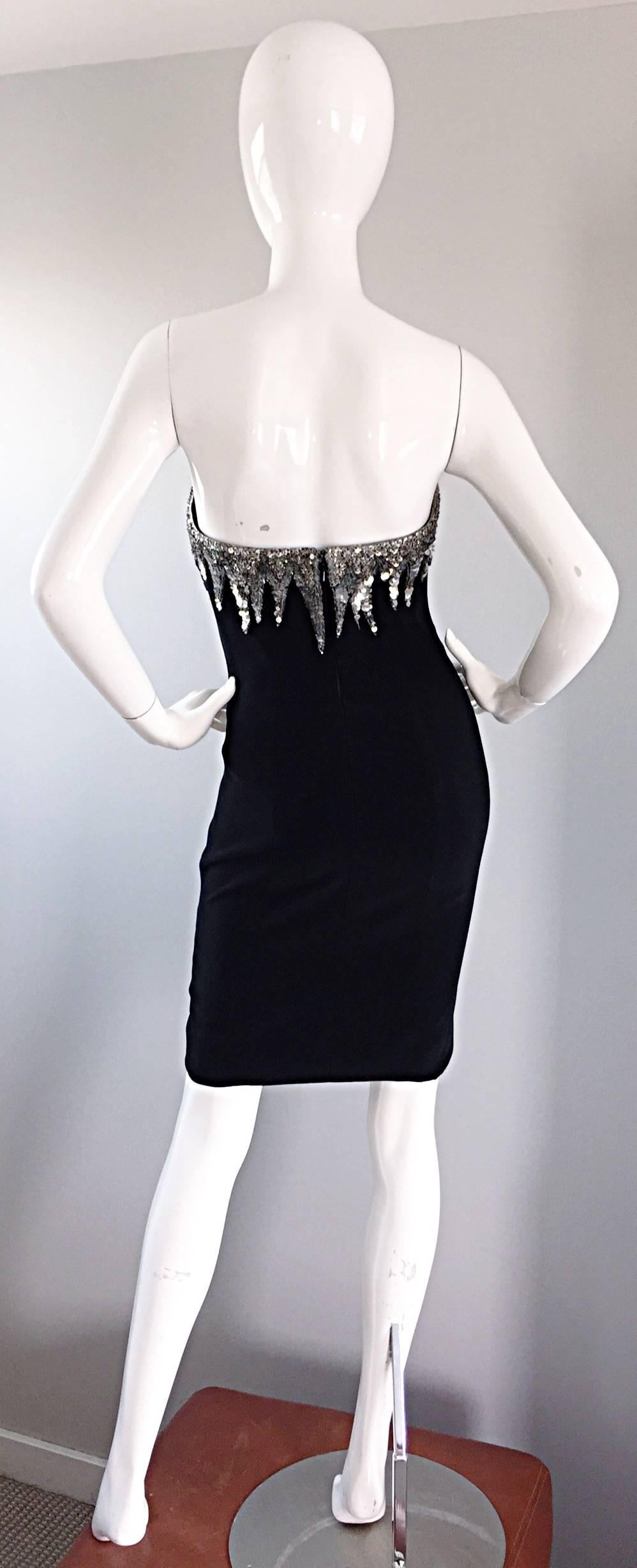 Bob Mackie Size 4 Vintage Black and Silver Sequin Bodycon Strapless Mini Dress For Sale 1