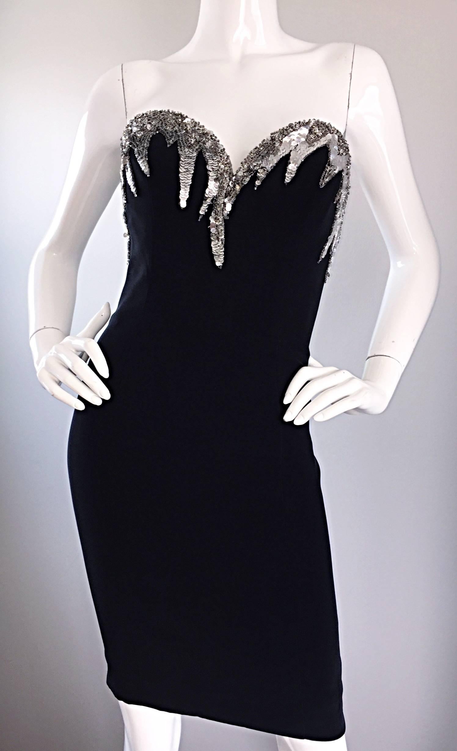 Women's Bob Mackie Size 4 Vintage Black and Silver Sequin Bodycon Strapless Mini Dress For Sale