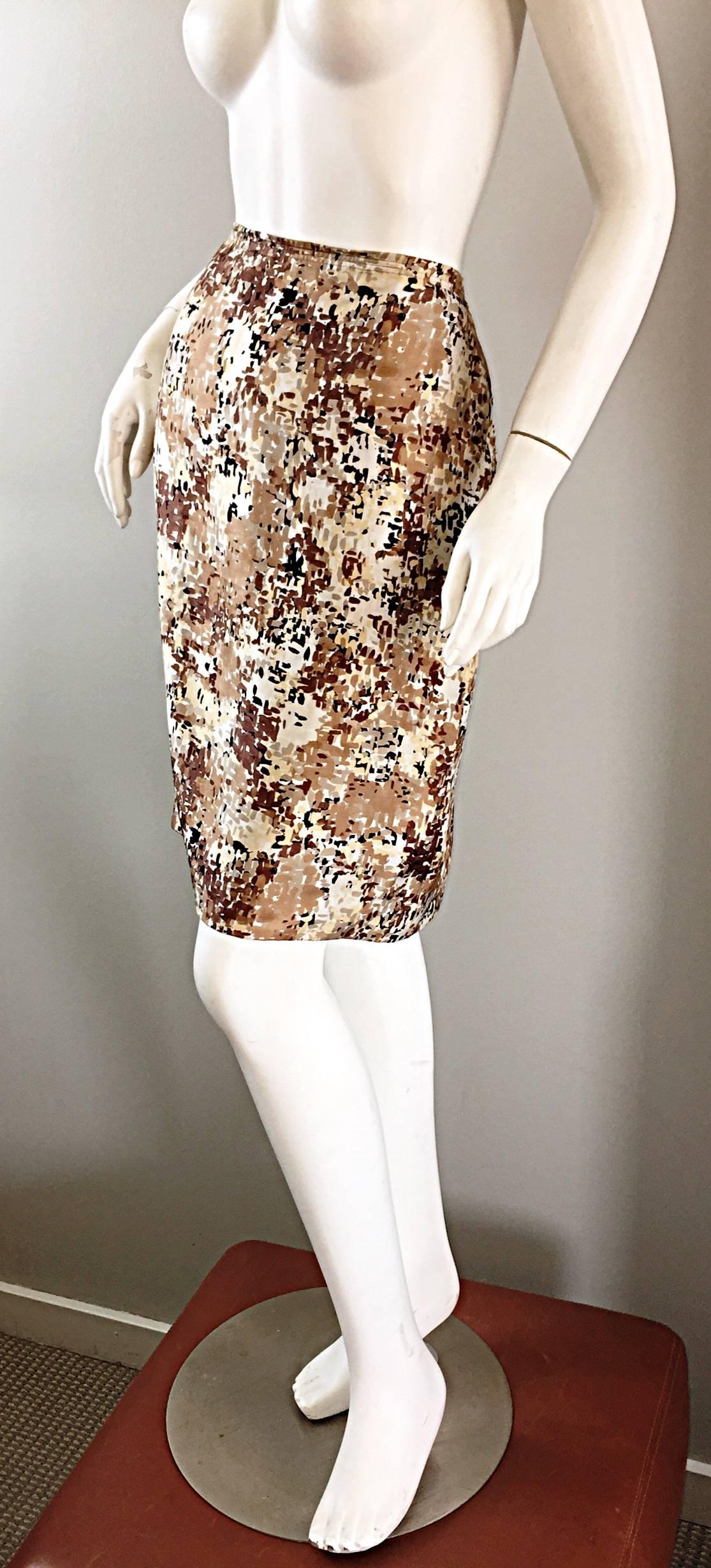 Beige PRADA Fall 2001 Brown Cream Tan Silk ' Splatter ' Print High Waist Pencil Skirt For Sale