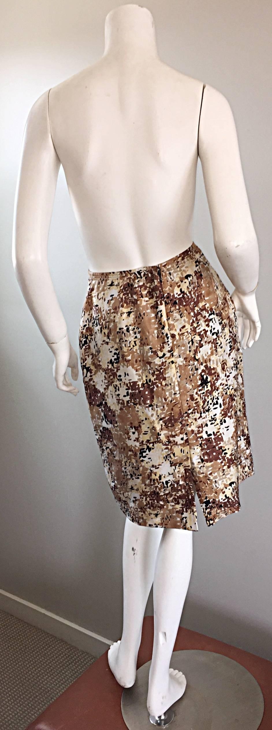PRADA Fall 2001 Brown Cream Tan Silk ' Splatter ' Print High Waist Pencil Skirt In Excellent Condition For Sale In San Diego, CA