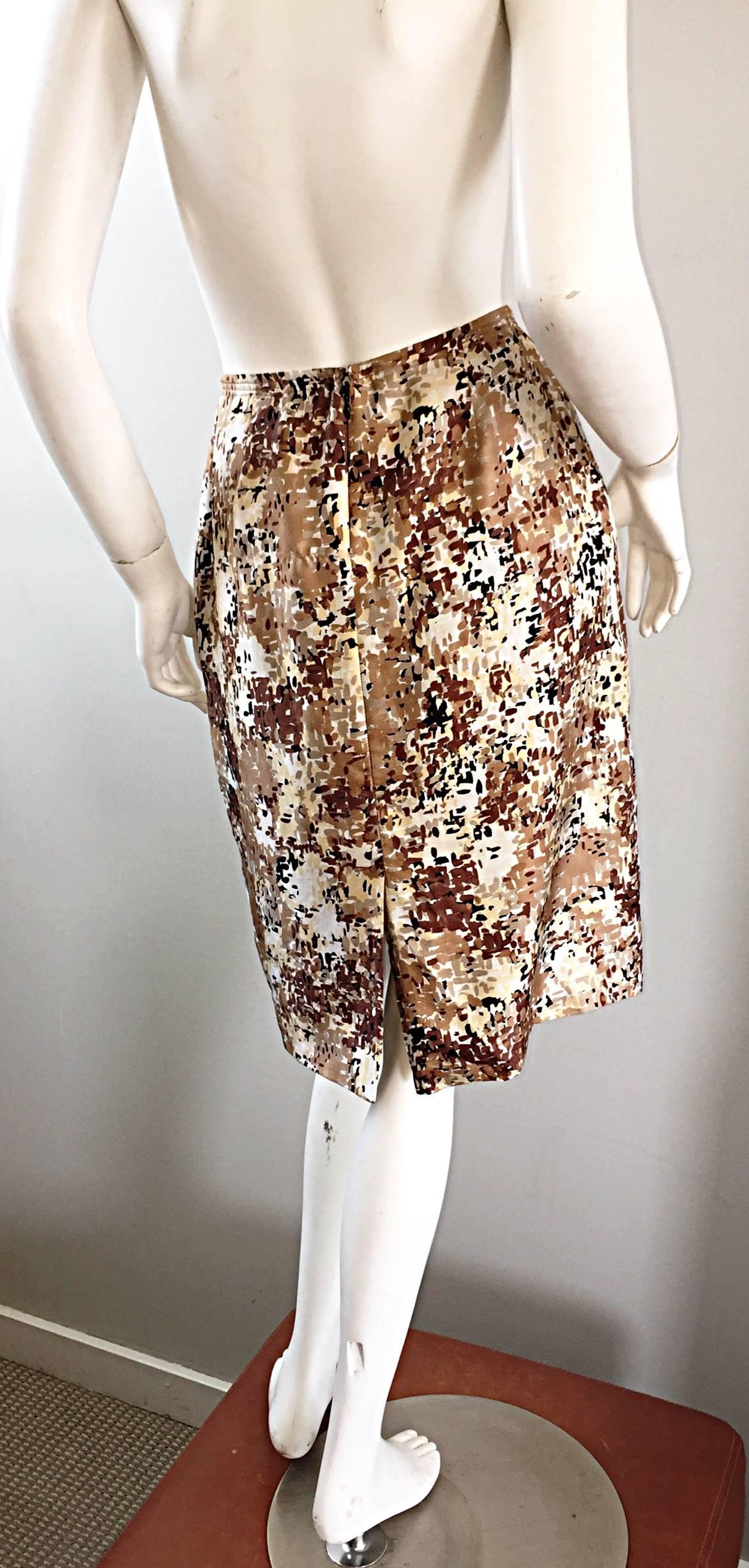 PRADA Fall 2001 Brown Cream Tan Silk ' Splatter ' Print High Waist Pencil Skirt For Sale 2