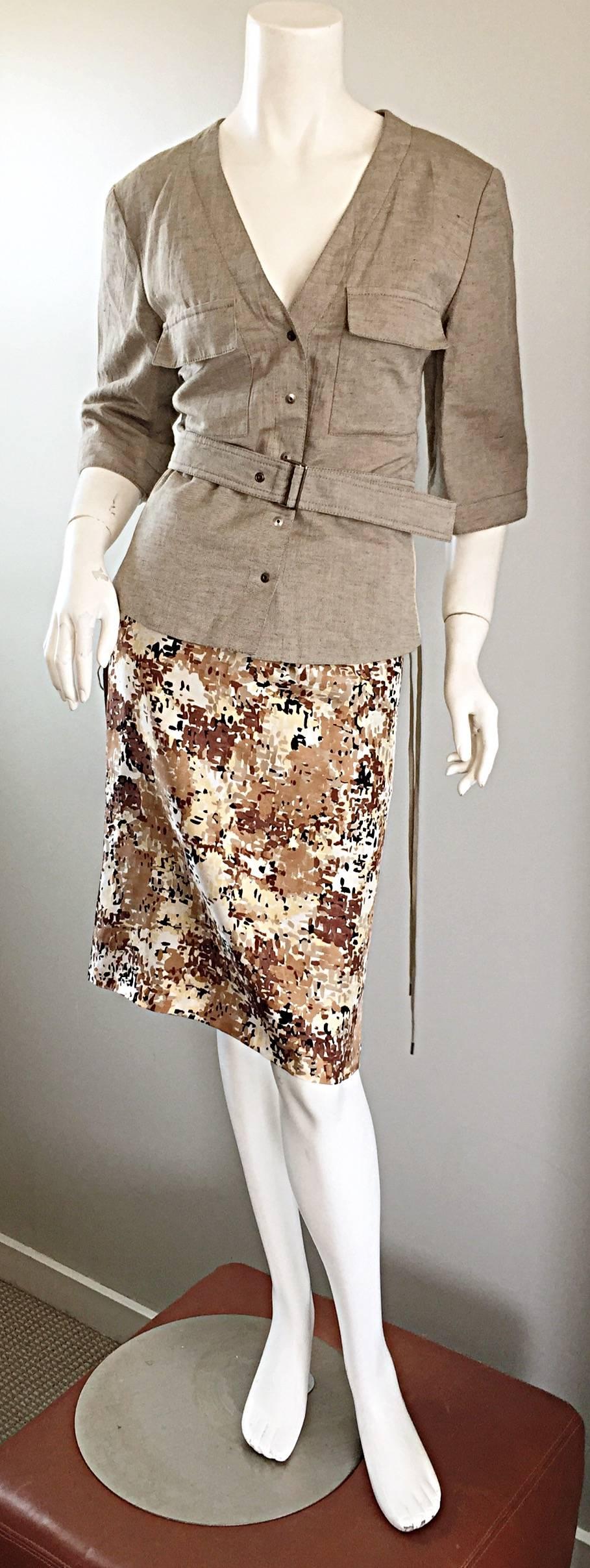 PRADA Fall 2001 Brown Cream Tan Silk ' Splatter ' Print High Waist Pencil Skirt For Sale 3
