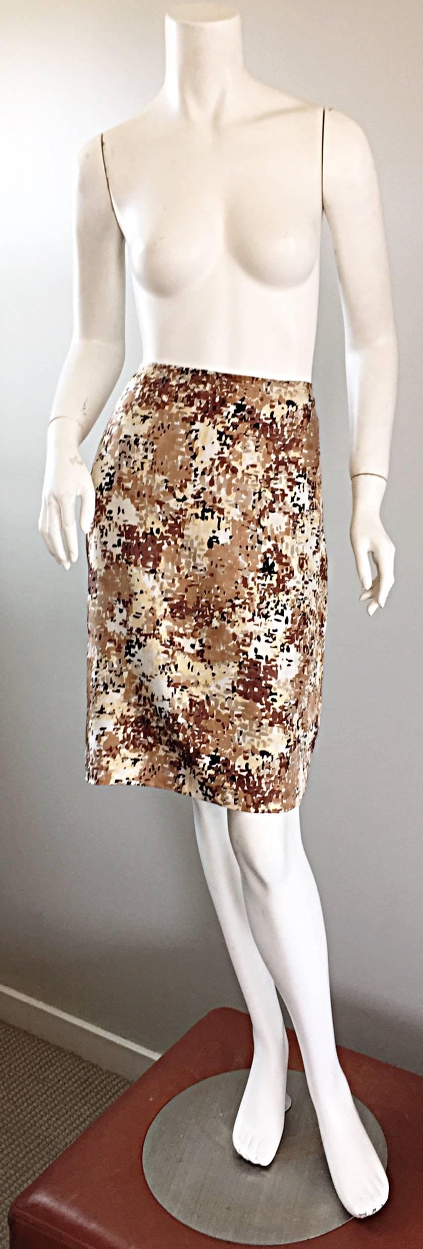 PRADA Automne 2001 Brown Cream Tan Silk Print ' Splatter ' High Waist Pencil Skirt en vente 1