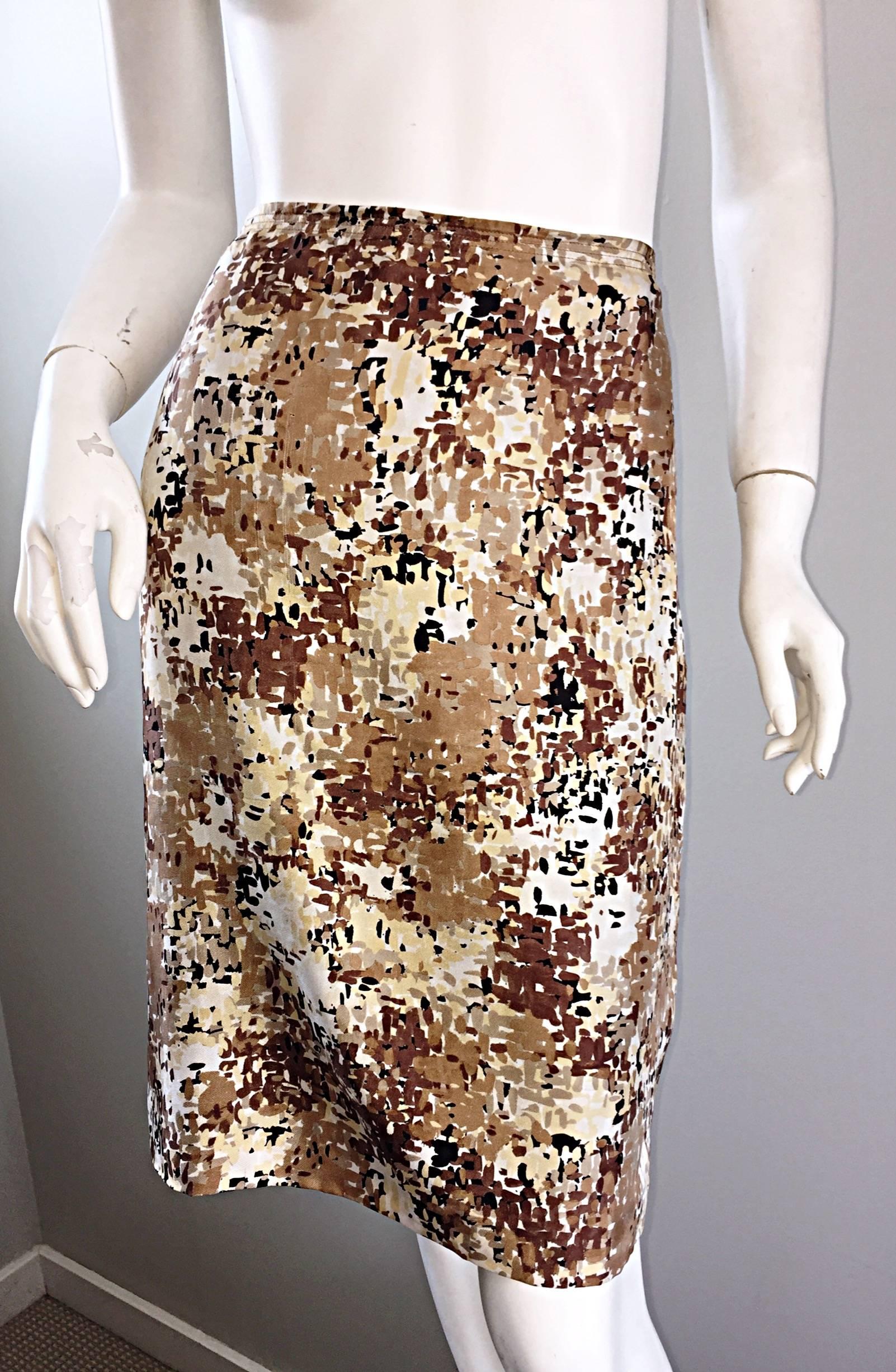 PRADA Fall 2001 Brown Cream Tan Silk ' Splatter ' Print High Waist Pencil Skirt For Sale 1
