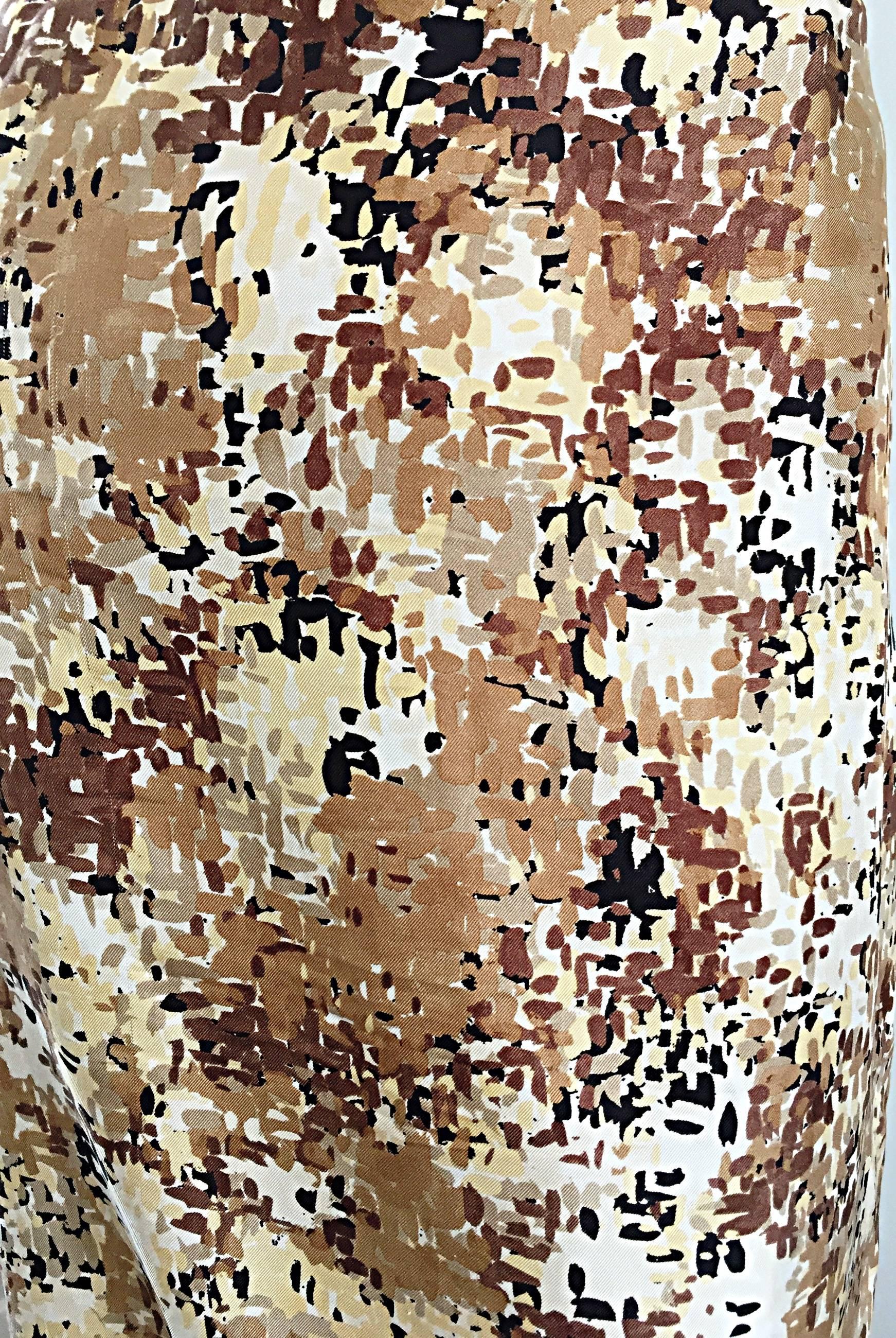 Beige PRADA Automne 2001 Brown Cream Tan Silk Print ' Splatter ' High Waist Pencil Skirt en vente