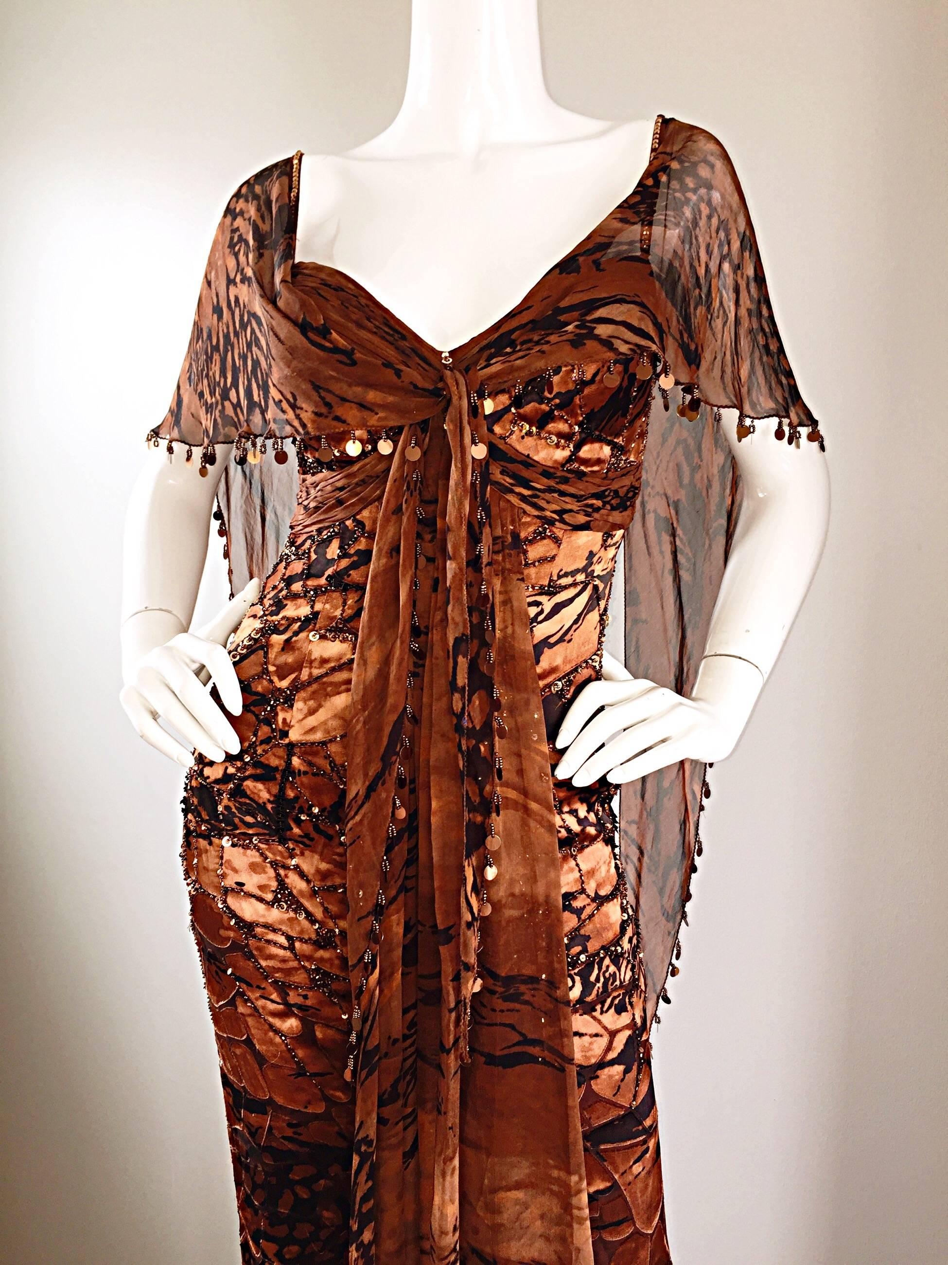 VINTAGE Diane Freis Silk Chiffon Rust + Brown Beaded Boho 1990s Dress Size 4 90s In Excellent Condition In San Diego, CA