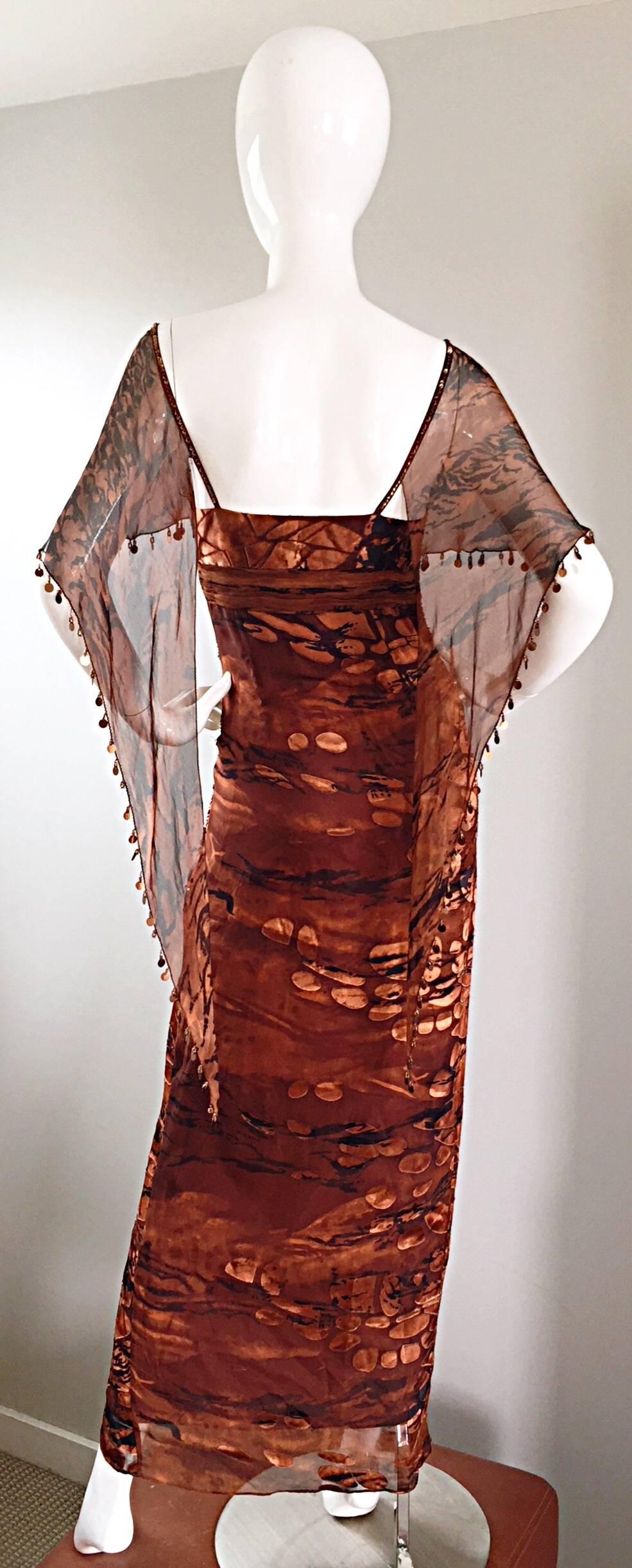 Women's VINTAGE Diane Freis Silk Chiffon Rust + Brown Beaded Boho 1990s Dress Size 4 90s