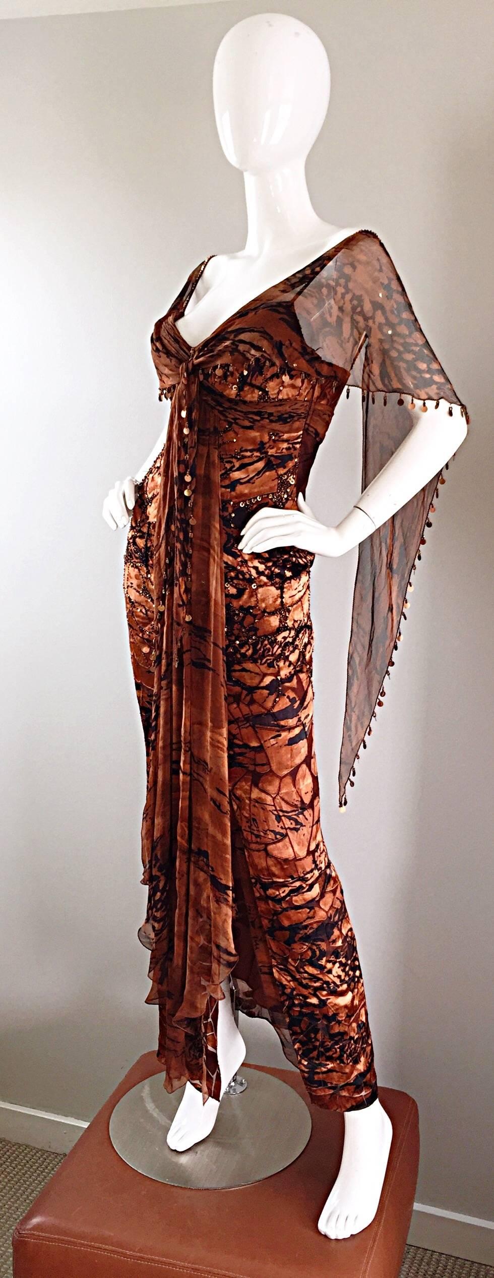 VINTAGE Diane Freis Silk Chiffon Rust + Brown Beaded Boho 1990s Dress Size 4 90s 1