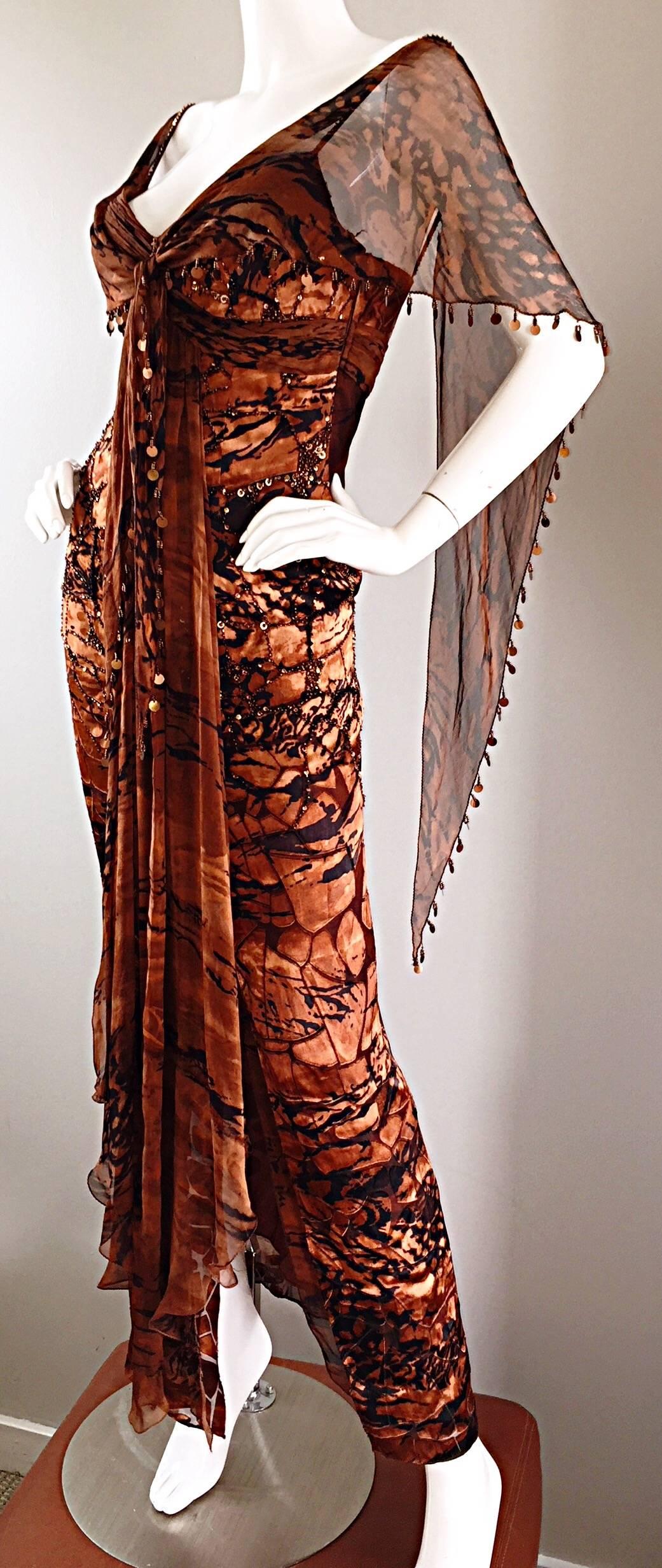 VINTAGE Diane Freis Silk Chiffon Rust + Brown Beaded Boho 1990s Dress Size 4 90s 3