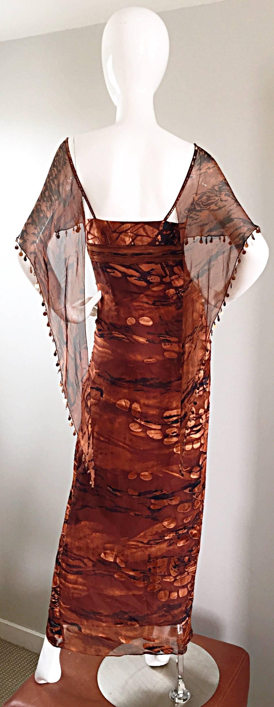 VINTAGE Diane Freis Silk Chiffon Rust + Brown Beaded Boho 1990s Dress Size 4 90s 4