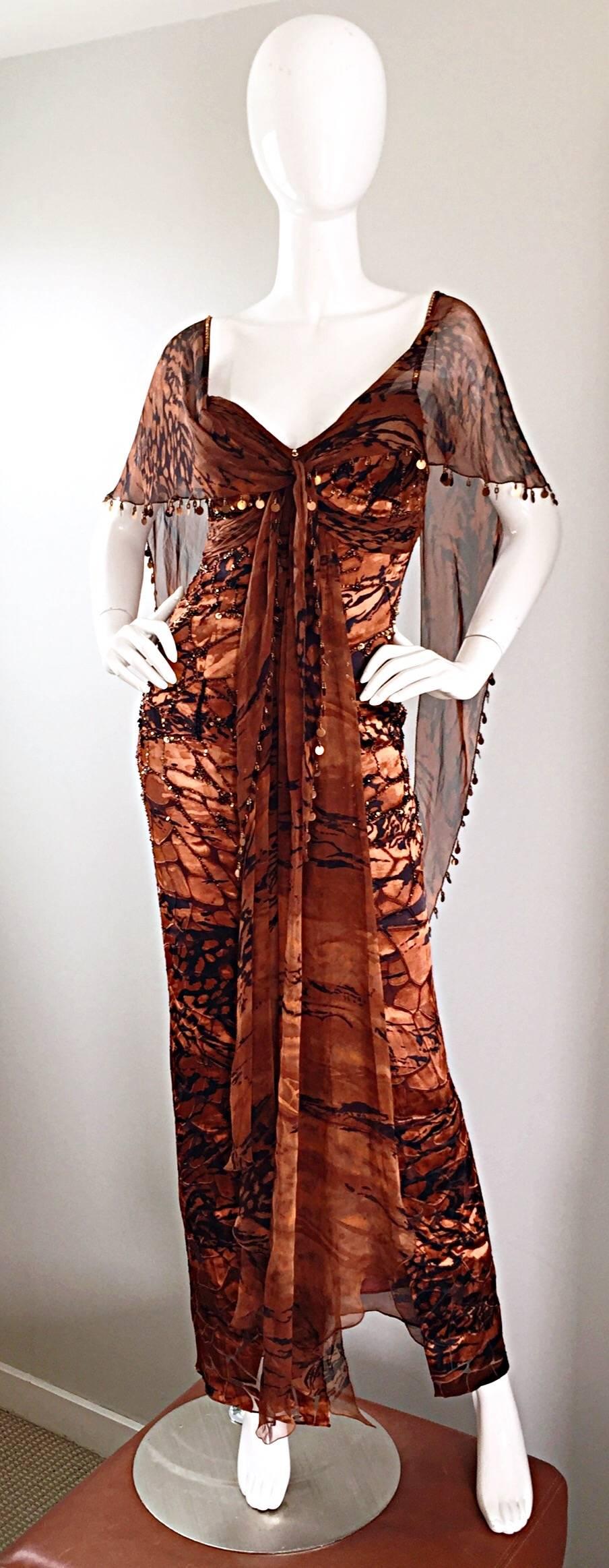 VINTAGE Diane Freis Silk Chiffon Rust + Brown Beaded Boho 1990s Dress Size 4 90s 5
