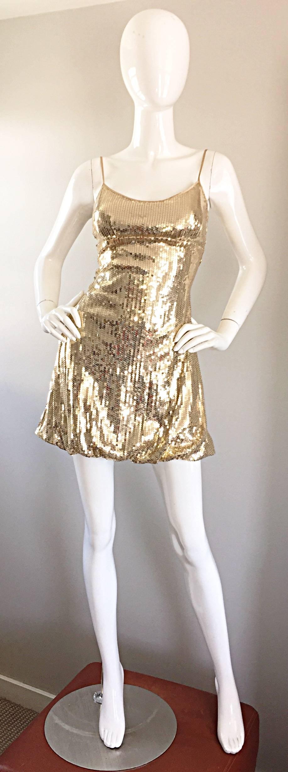 Sexy 1990s Vintage Gold Sequin 90s Mini Babydoll Dress Size XS - Small  1