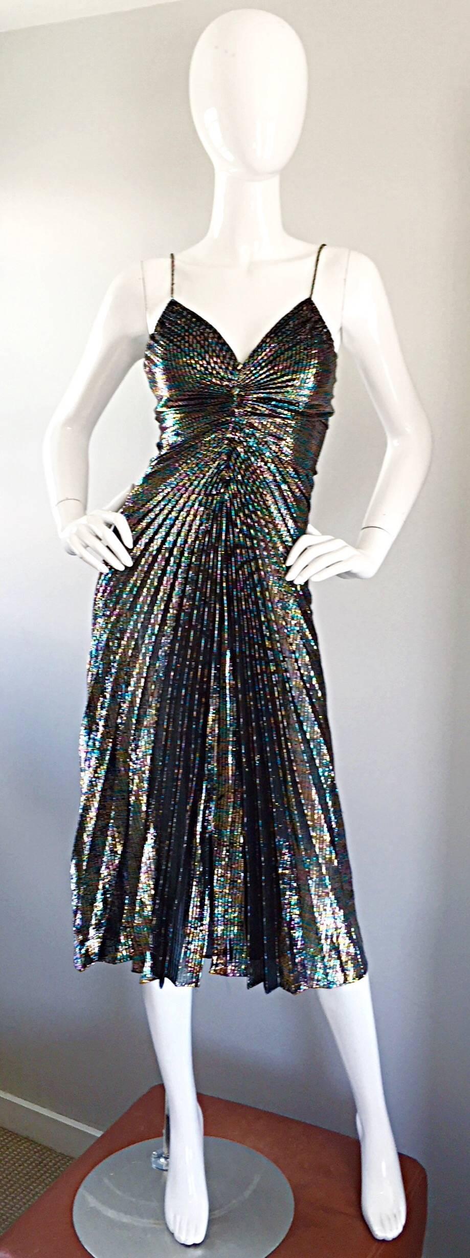 Black AMAZING 1970s Samir Rainbow Metallic Sexy Pleated Vintage Disco 70s Dress