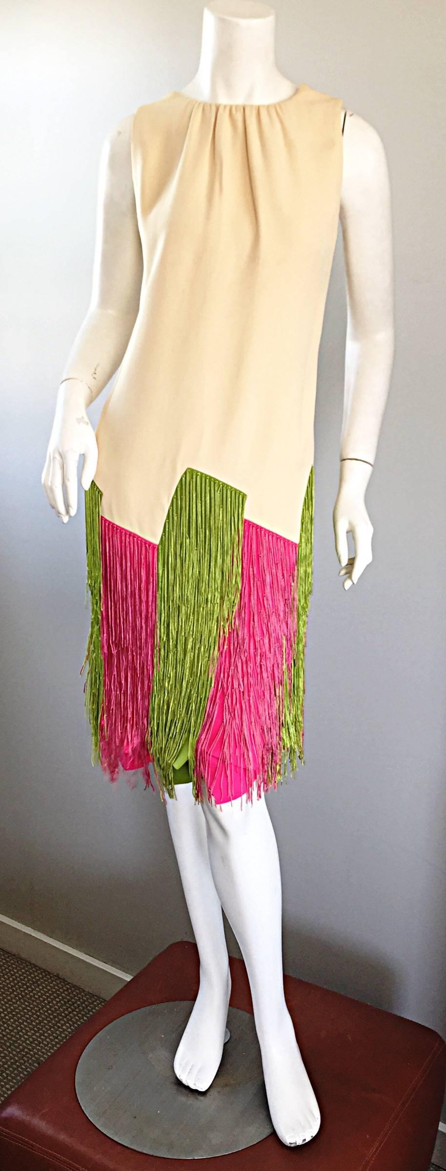 Beige JEAN LOUIS Vintage I Magnin 1960s Rare Ivory Crepe Pink and Green Fringe Dress
