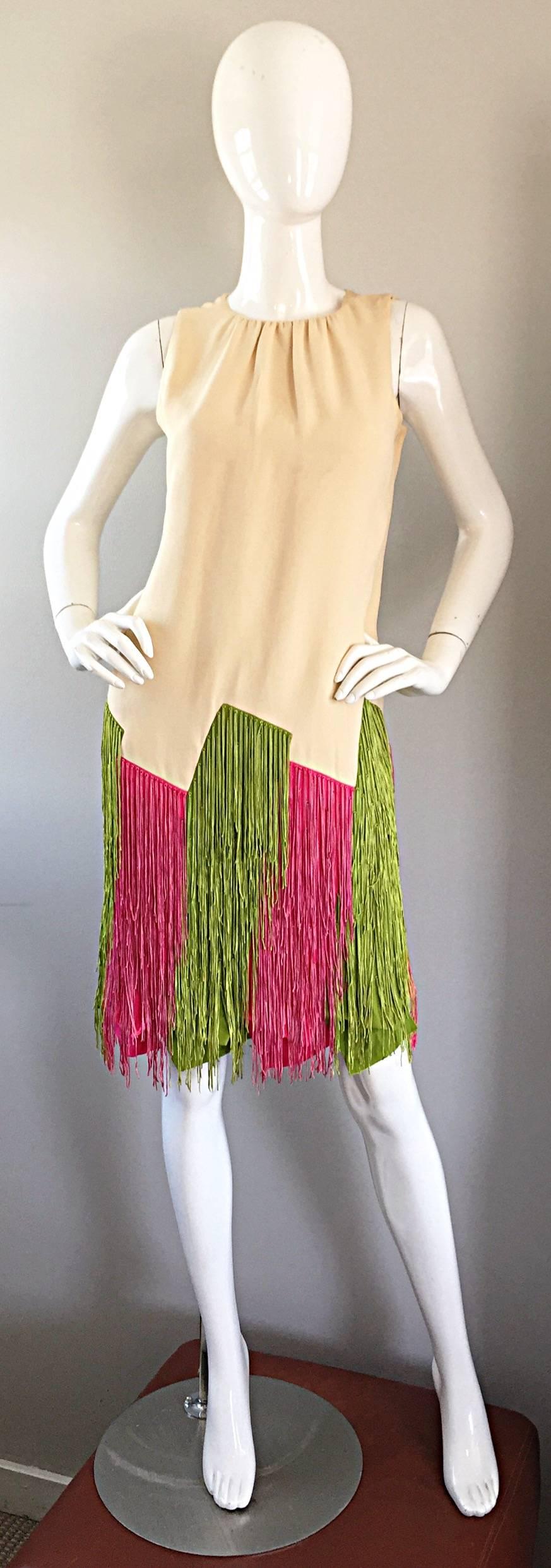 Incredible and rare 60s JEAN LOUIS for I. MAGNIN cream shift dress, with amazing green and pink fringed hem! Couture quality, with incredible attention to detail! Jean Louis was the lead Hollywood costume designer in the 1950s and 1960s, In 1962