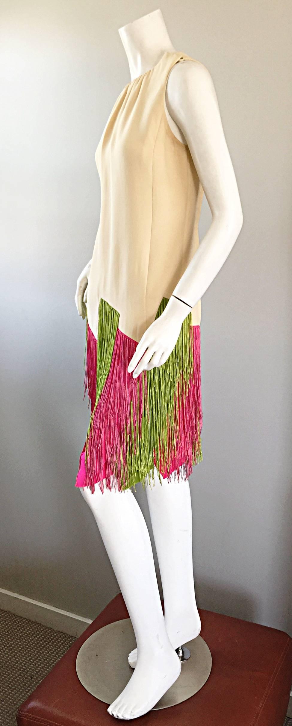 Women's JEAN LOUIS Vintage I Magnin 1960s Rare Ivory Crepe Pink and Green Fringe Dress