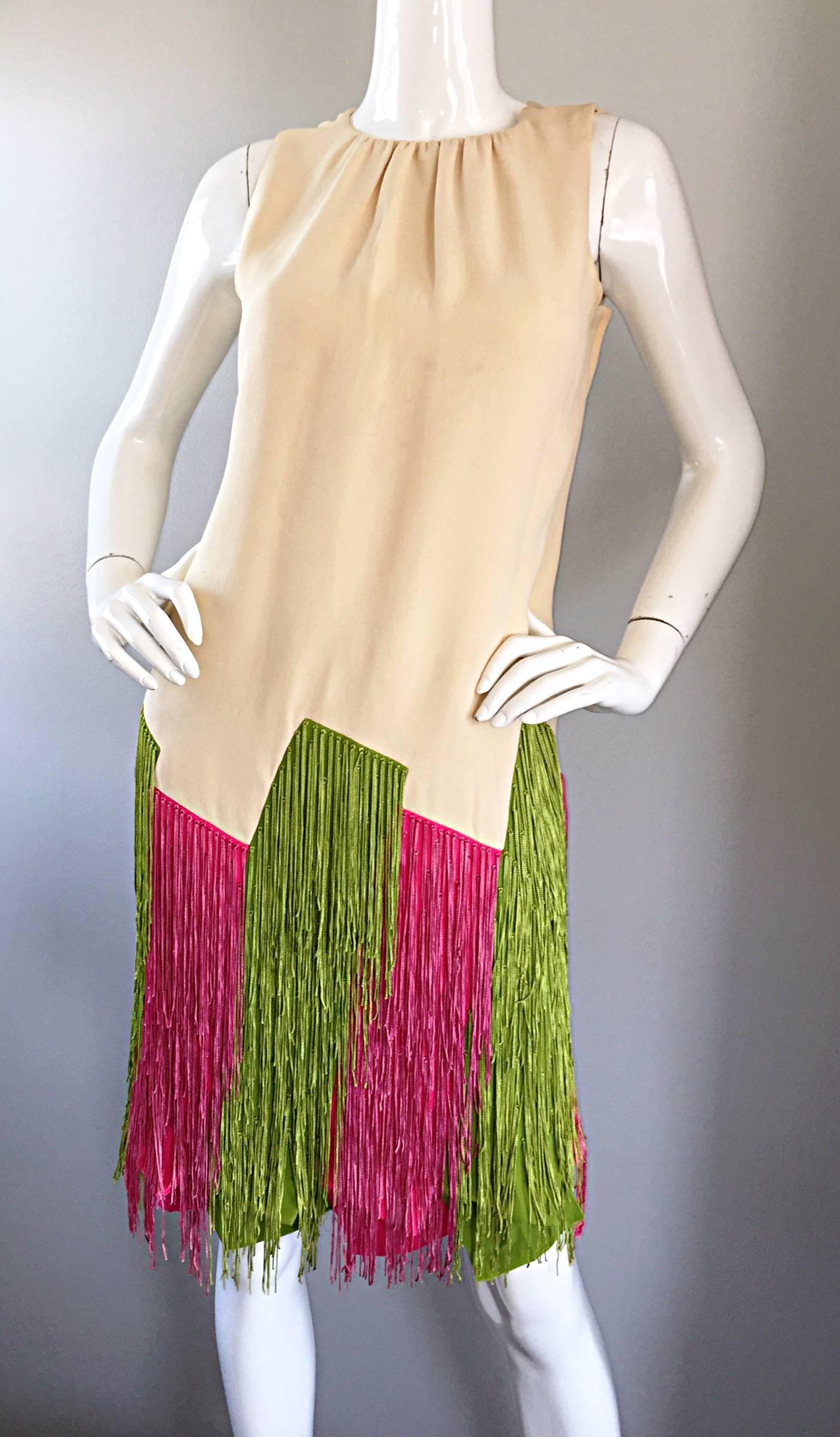 JEAN LOUIS Vintage I Magnin 1960s Rare Ivory Crepe Pink and Green Fringe Dress 2