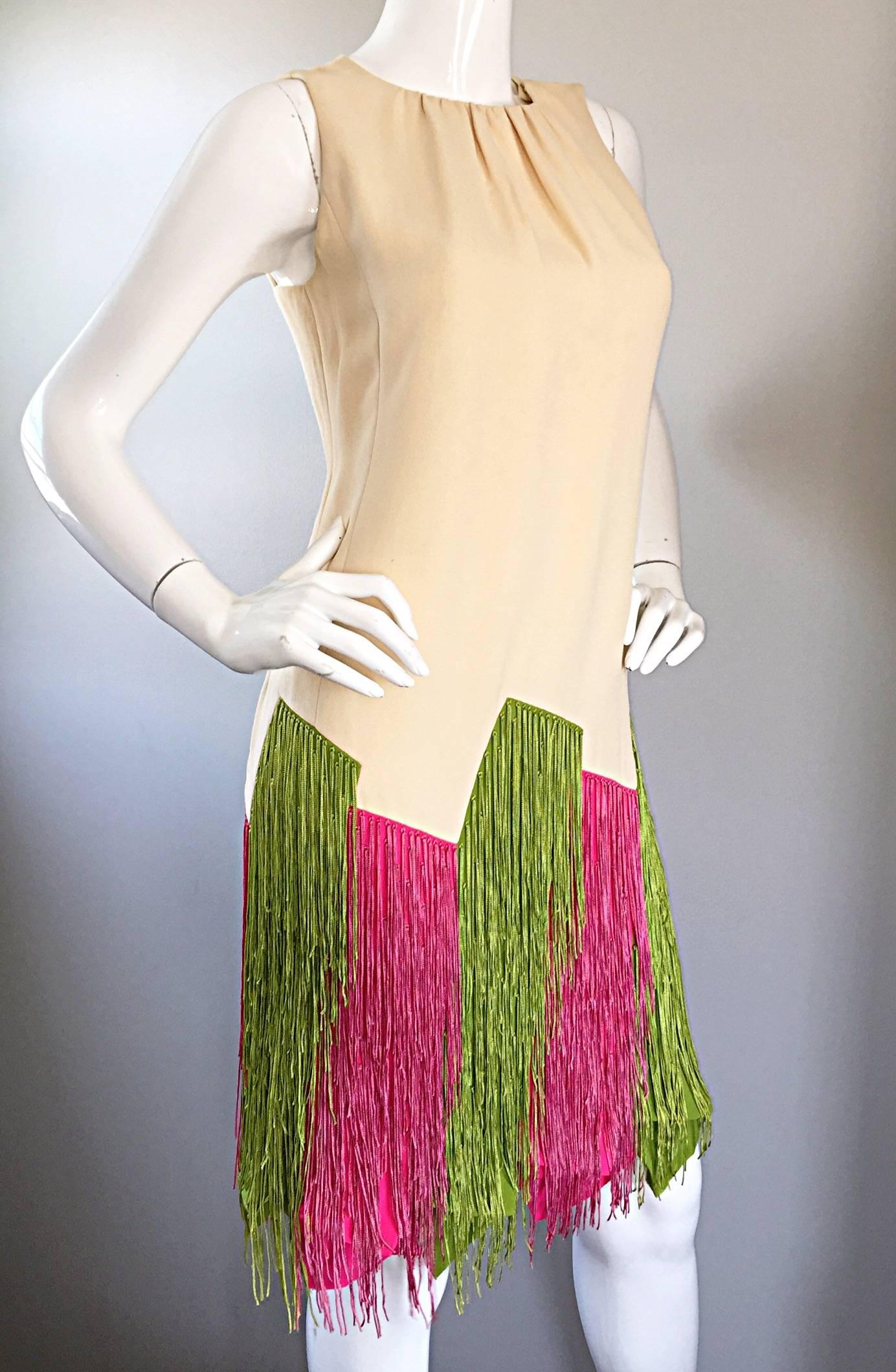 JEAN LOUIS Vintage I Magnin 1960s Rare Ivory Crepe Pink and Green Fringe Dress In Excellent Condition In San Diego, CA