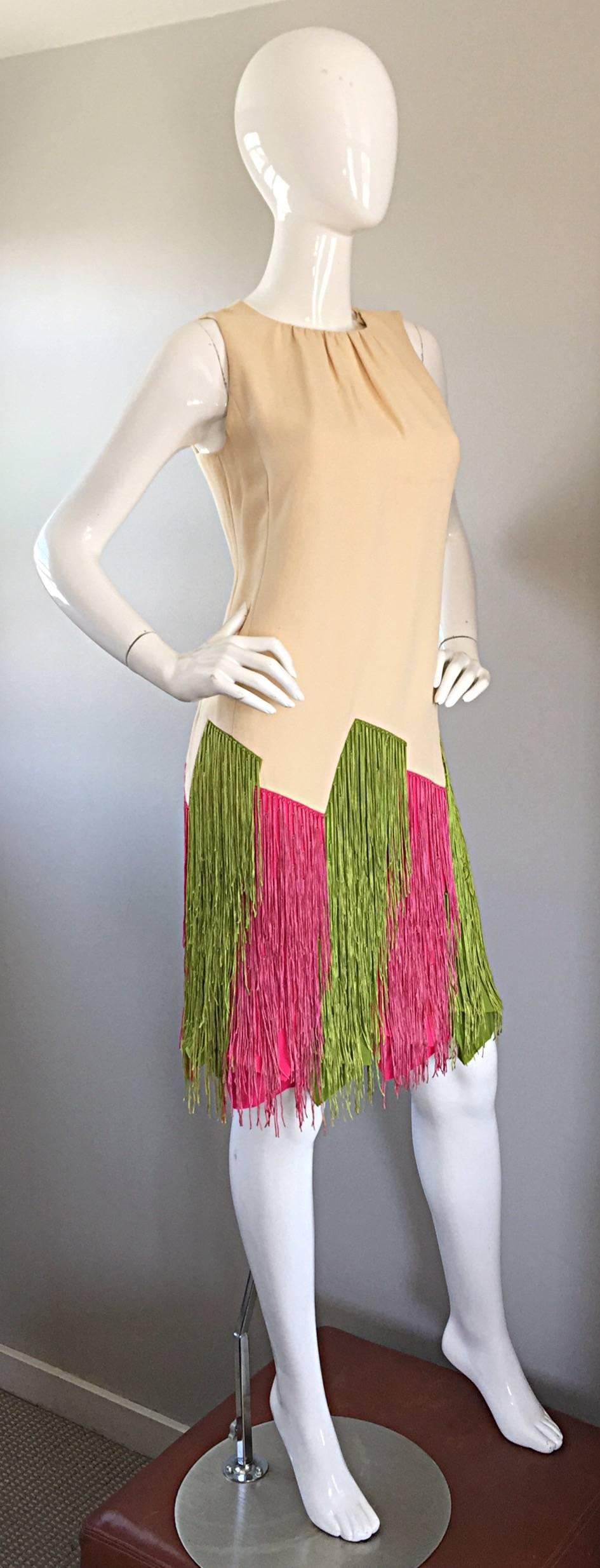 JEAN LOUIS Vintage I Magnin 1960s Rare Ivory Crepe Pink and Green Fringe Dress 1