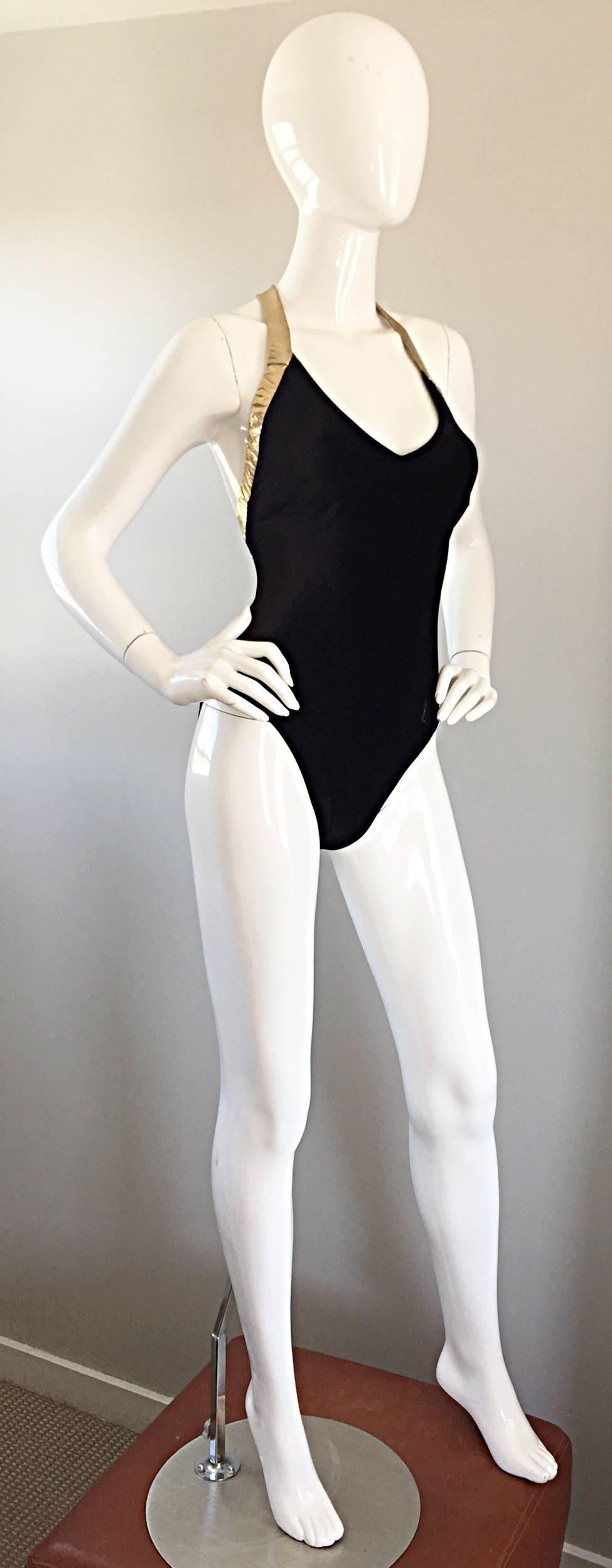 Vintage Yves Saint Laurent YSL Black and Gold Velvet One Piece Swimsuit Bodysuit In Excellent Condition In San Diego, CA