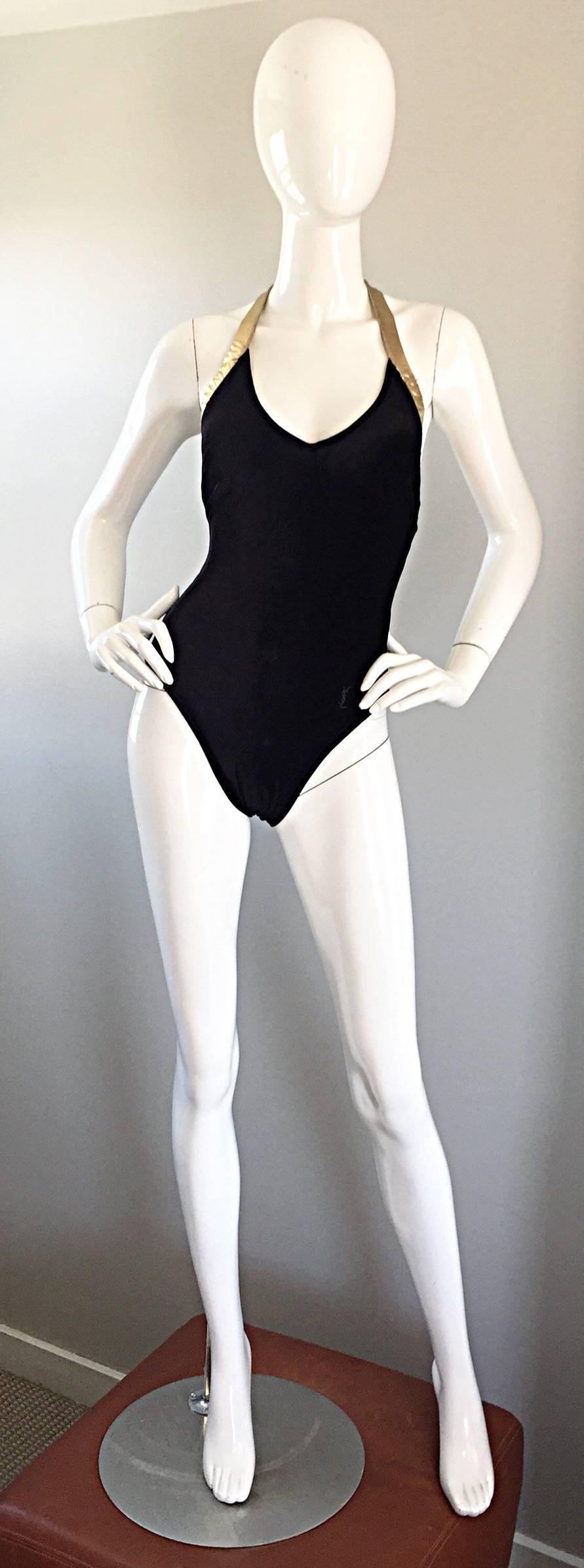 Sexy vintage 1970s 70s YVES SAINT LAURENT black and gold velvet swimsuit or bodysuit! Softest cotton velvet is waterproof, and super flattering and comfortable on the body. Gold metallic racerback. YSL logo at left bottom side. Great for the beach,