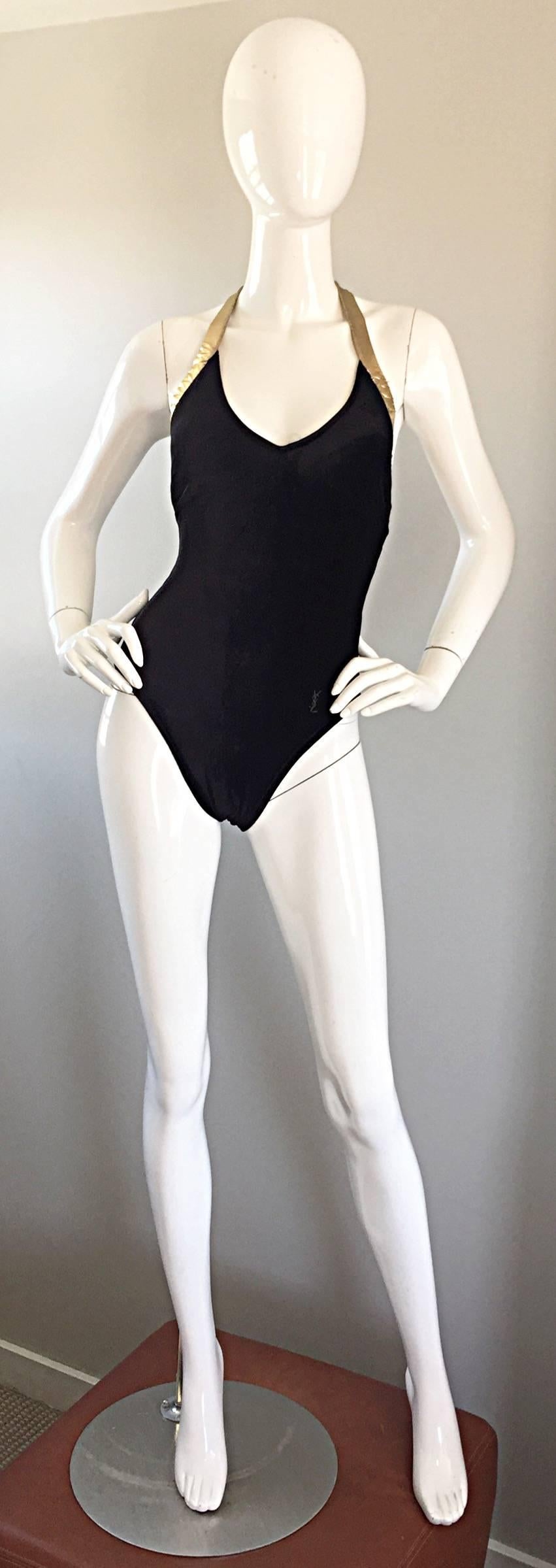 Vintage Yves Saint Laurent YSL Black and Gold Velvet One Piece Swimsuit Bodysuit 2