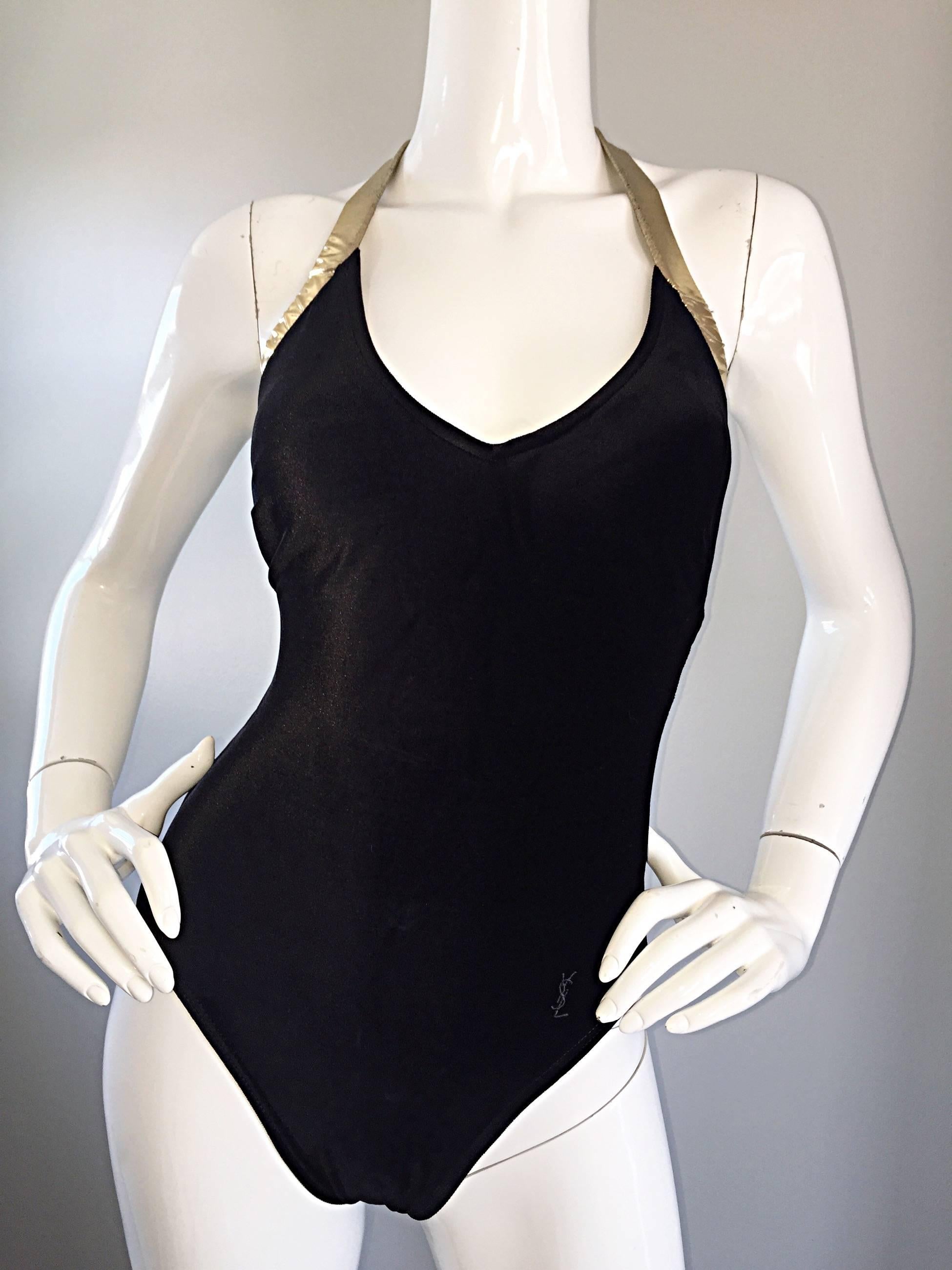 Vintage Yves Saint Laurent YSL Black and Gold Velvet One Piece Swimsuit Bodysuit 1