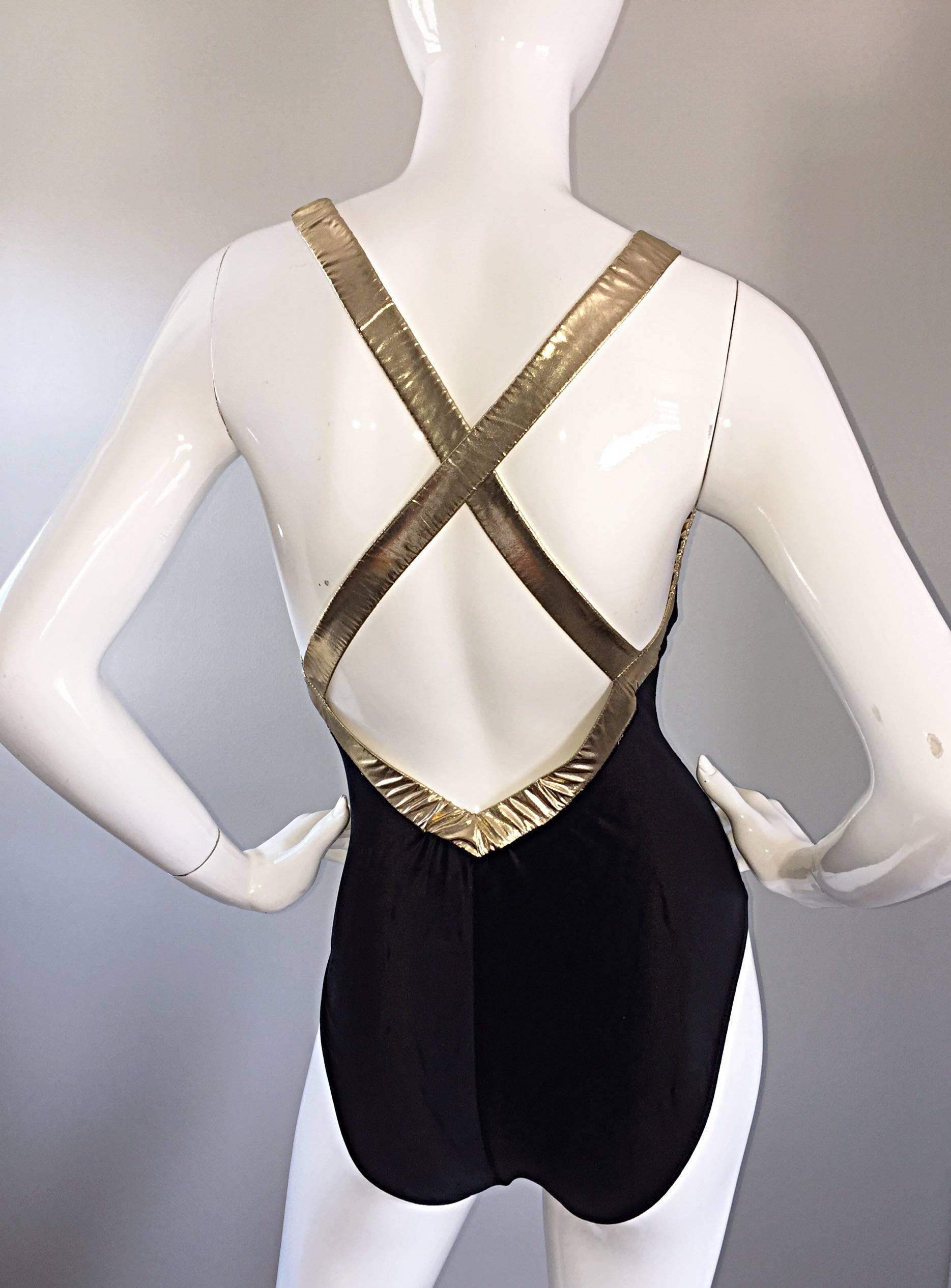 Women's Vintage Yves Saint Laurent YSL Black and Gold Velvet One Piece Swimsuit Bodysuit