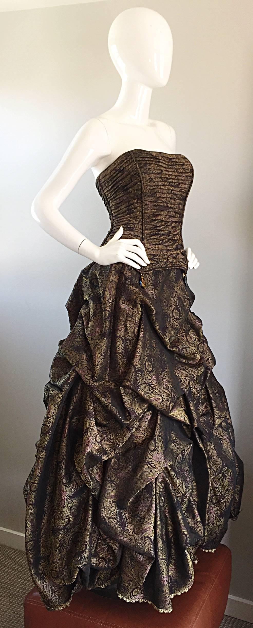 Women's Amazing Vintage Patricia Rhodes 3 Piece Bustle Paisley Victorian Gown Ensemble For Sale