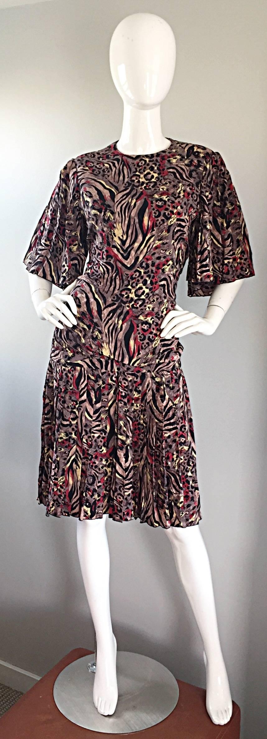 Vintage Richilene Leopard and Zebra Print 1980s does 1920s Flapper Style Dress For Sale 1
