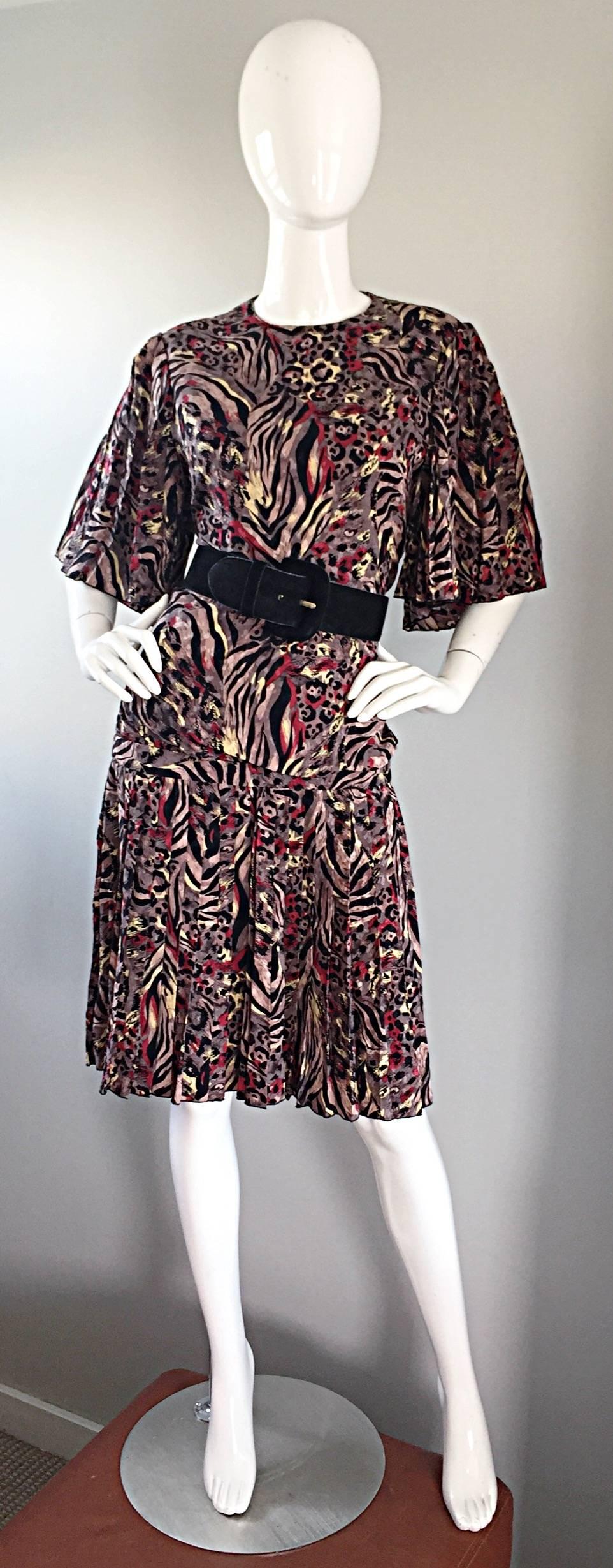 Black Vintage Richilene Leopard and Zebra Print 1980s does 1920s Flapper Style Dress For Sale