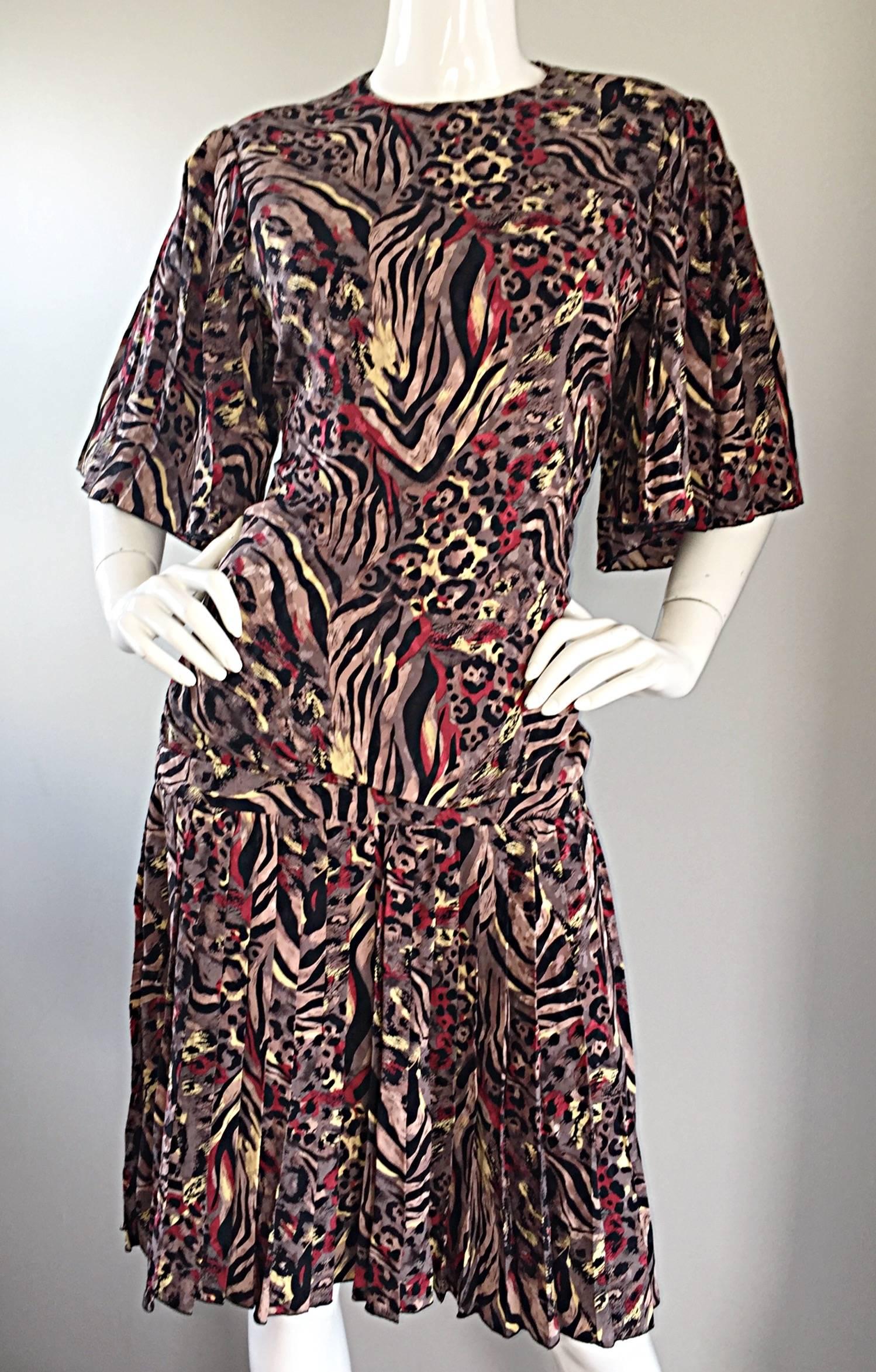 Women's Vintage Richilene Leopard and Zebra Print 1980s does 1920s Flapper Style Dress For Sale